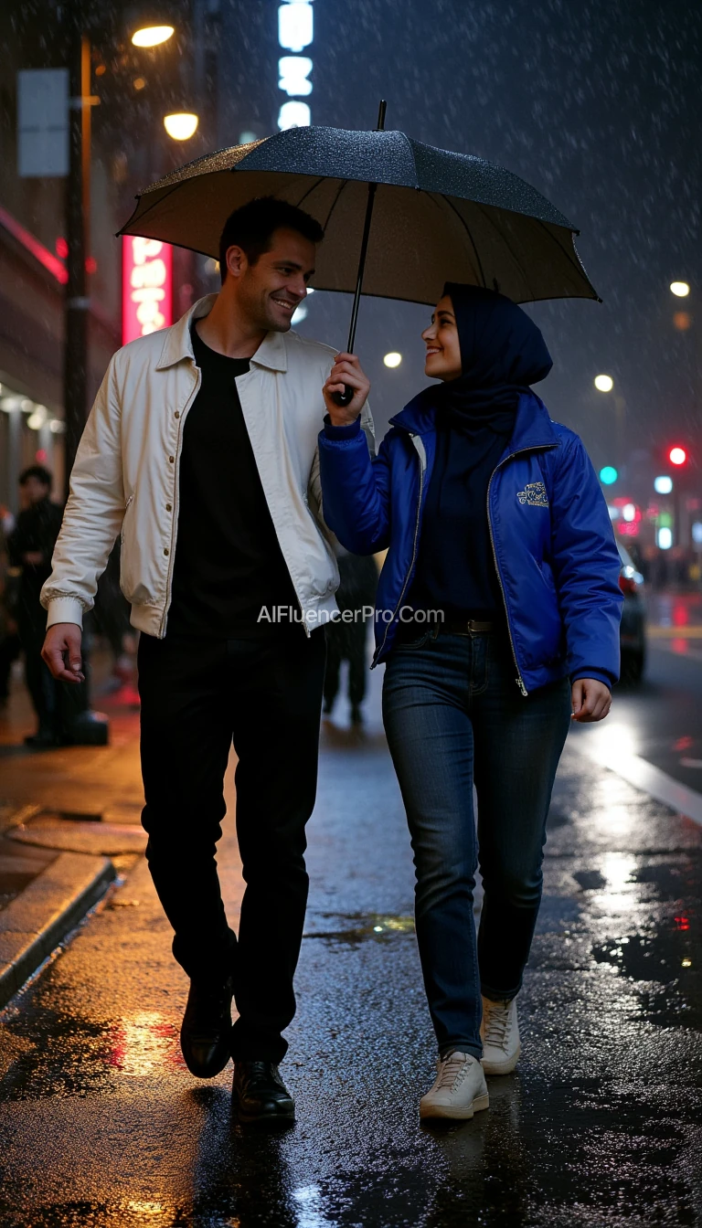 Photorealistic scene: A man resembling Henry Cavill walking through the rain with his partner on a dark, wet city street. He lifts his white jacket with one hand while holding his partner's hand with the other, creating an improvised umbrella to shield them from the rain. He wears matching black trousers, his strong jawline and warm smile glowing as he looks at his partner. His partner, dressed in a navy hijab, a blue jacket, and jeans, smiles softly as she holds the edge of the jacket with her hand. The puddles on the street reflect shimmering city lights, creating a romantic and cinematic atmosphere amidst the rain.