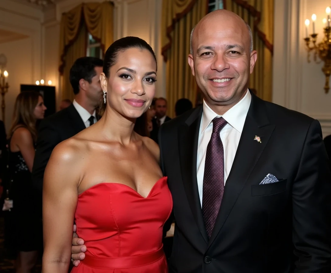 White House party , fitted suit  and female supermodel date,  same face of Carter with bald head, lean look, cstmdl