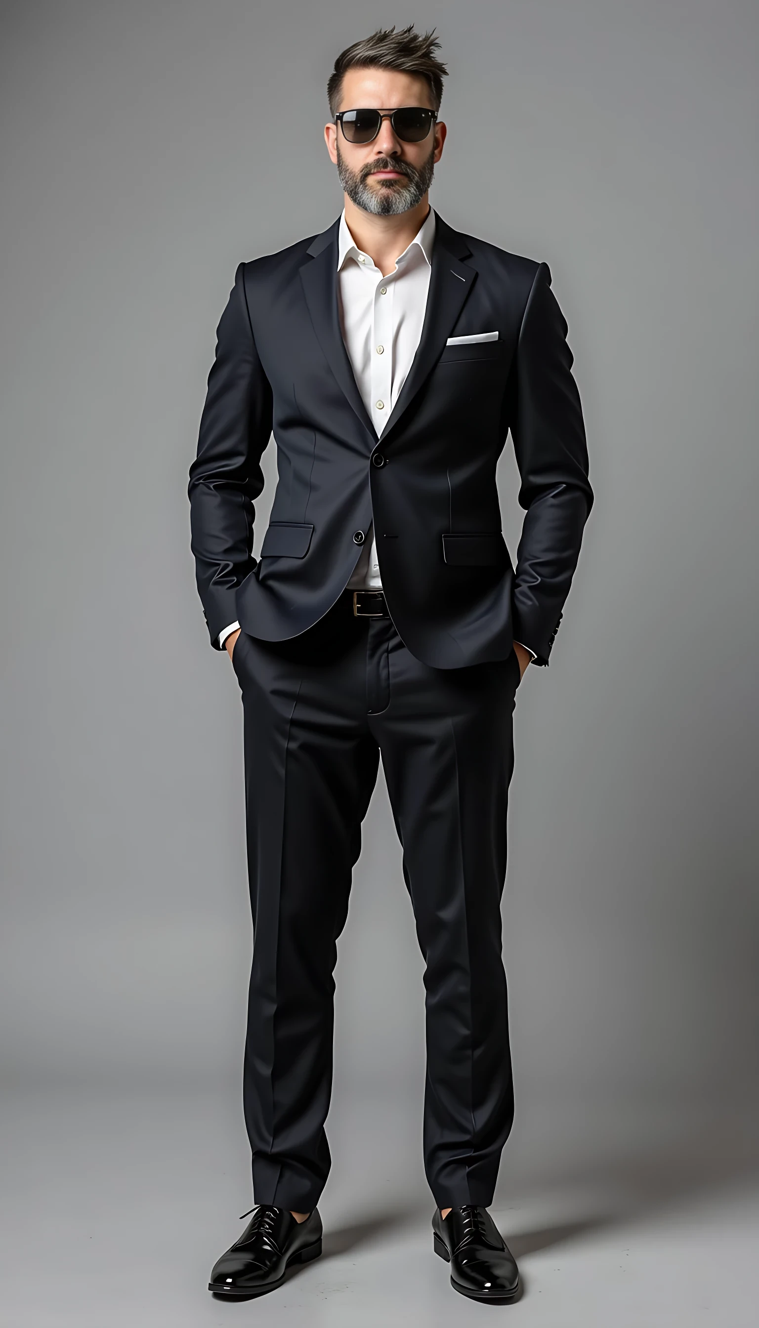 Full body image. wearing a modern and expensive fashion outfit. He is wearing a suit and modern Ray-Ban reading glasses. Slim but muscular build. He is facing the camera directly, as if posing for a LinkedIn profile picture. He looks like a CEO of a huge corporation. His forehead is not that large.
