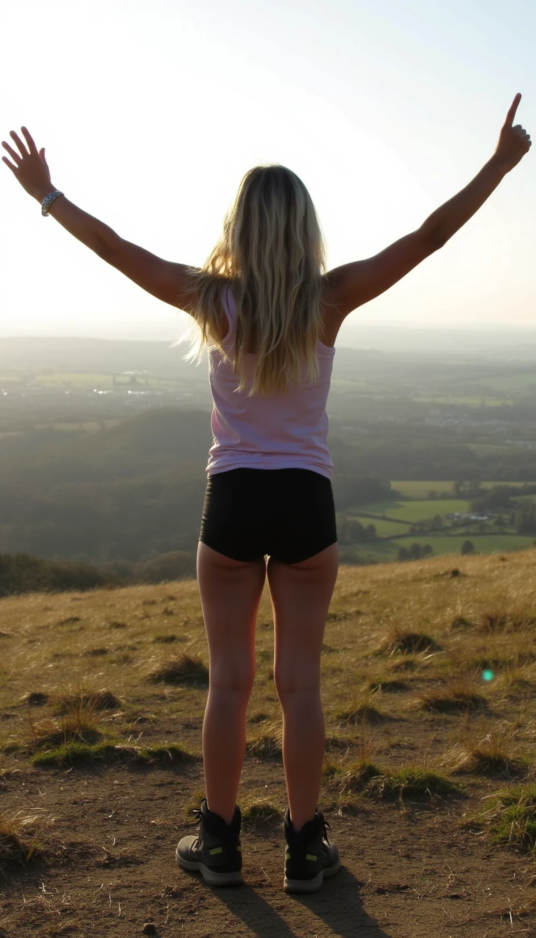photo of a 18 year old english blonde girl wearing ultra tight and small gym shorts and top and walking boots on the top of pendle hill in lancashire. Its late afternoon and the wind is still.  The girl has her arms up in celebration of life. the photo is taken from behind
