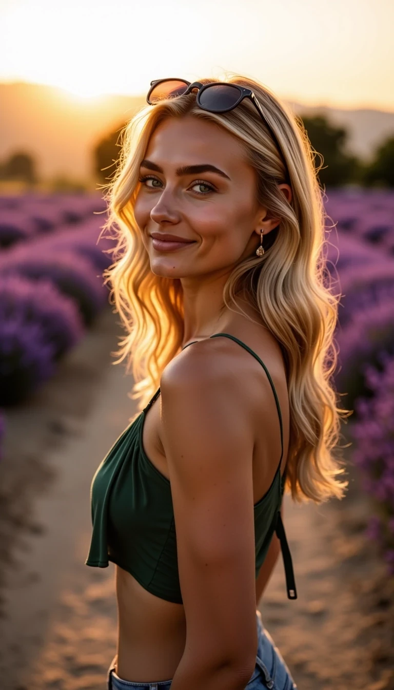 CSTMDL Mia. A fair-skinned young woman in her 20s with a balayage blonde wavy hair and an athletic, feminine build, breast c-cup. She walks slowly along a dusty country path at sunset in the Tuscan countryside. On both sides of the path, vibrant lavender fields in full bloom stretch into the distance, glowing purple in the golden light. A pair of black sunglasses rests casually in her hair. She wears a loose, open, summery green crop top. She looks toward the camera with a soft, genuine smile. The atmosphere is warm, romantic, and serene, filled with the colors of sunset and lavender.