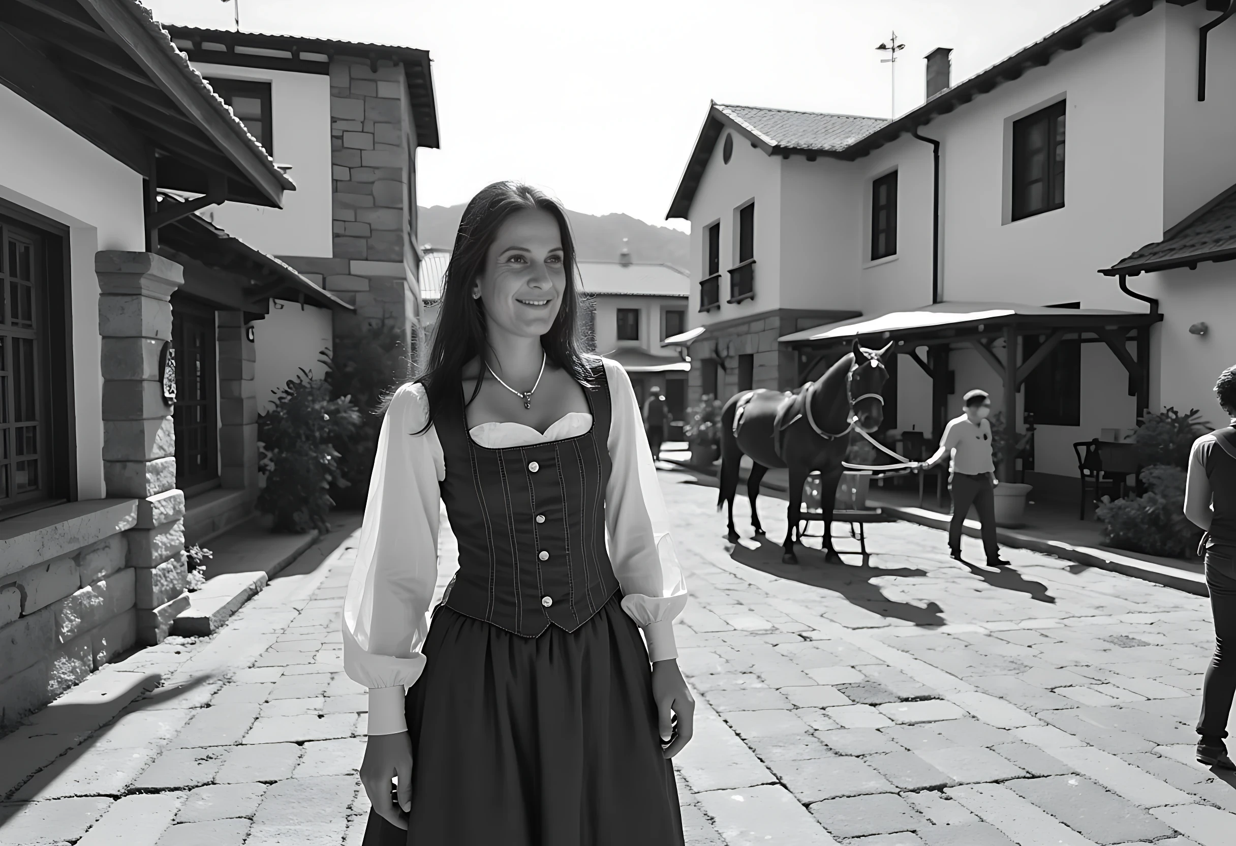 photo of brunette woman CSTMDL bw photo with hude grain from circa 1680, she have dress from 17. century an walk at bussy street ful of people, and horses