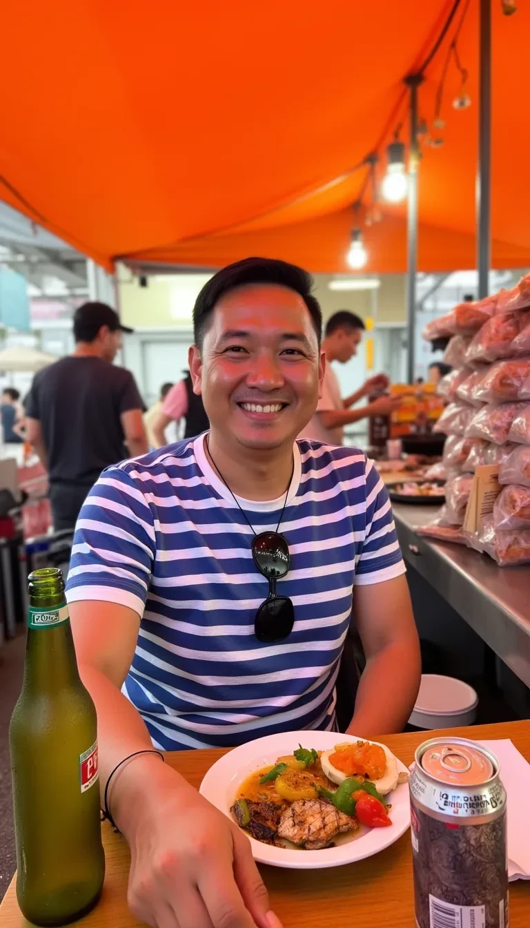 AI image prompt: Medium shot photo of an East Asian man with a light to medium skin tone, seated at an outdoor food stall under an orange tent. He is smiling warmly, wearing a casual blue and white striped T-shirt, and a pair of sunglasses hangs around his neck. The man is enjoying a meal with a plate of mixed grilled fish and vegetables, which rests on a wooden table in front of him. A bottle of beer is placed on his left side, and a can of soda is near his right hand. The background features a bustling market scene, with several people visible, including someone serving food behind a counter with packaged goods. The warm, diffused lighting from the tent casts a soft orange glow on the setting, contributing to the lively, relaxed atmosphere of a street food market. The composition captures a casual, candid moment, emphasizing the vibrant, dynamic environment filled with colors and textures.