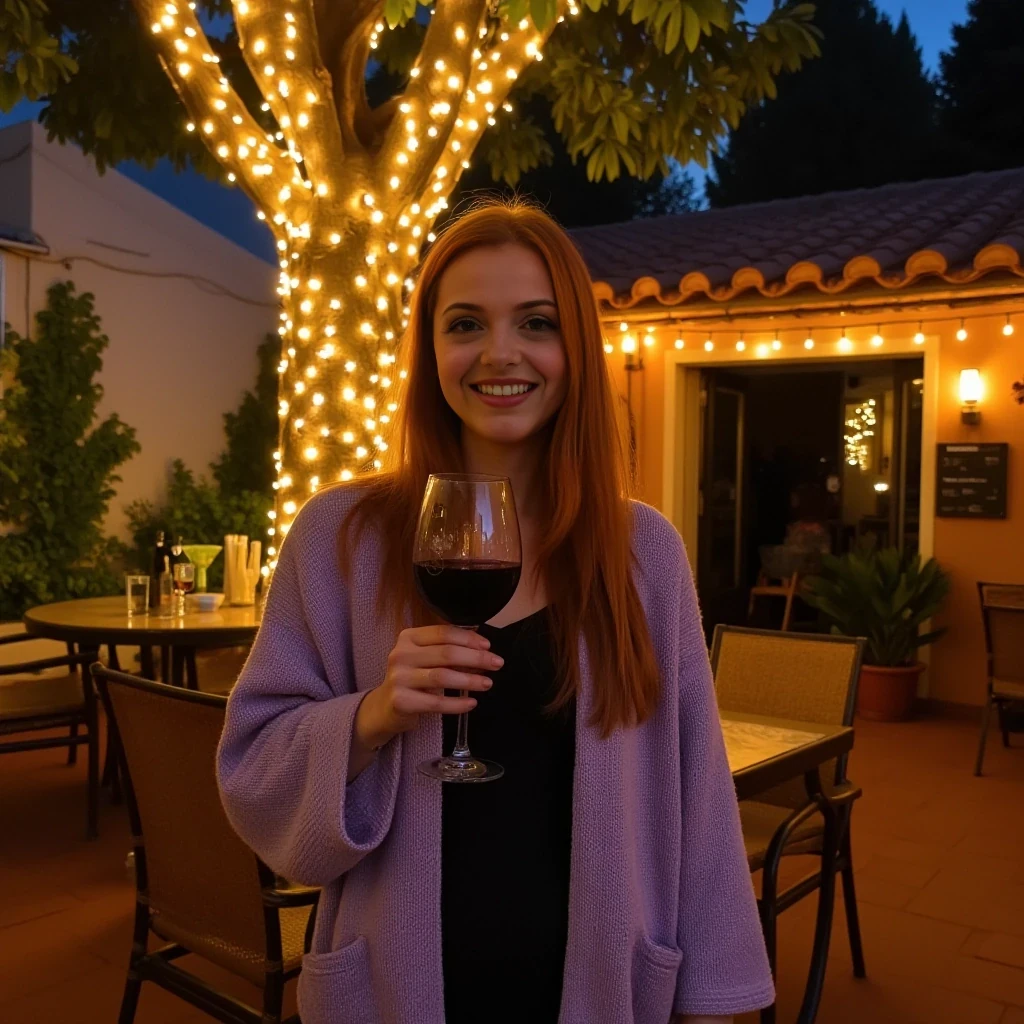 A full body shot photo of a woman standing outdoors at a cozy, warmly lit patio in the evening, with soft, glowing lights wrapped around a tree behind them creating a charming atmosphere. The image is rich in detail, with warm tones and clear textures throughout. The woman has fair skin, a slim build, and long reddish-blonde hair, also worn loose. She is smiling warmly at the camera, holding a glass of red wine in her right hand, and wears a soft-textured lavender cardigan over a black top. The background features a large tree with sparkling string lights wrapped around its trunk and branches, adding a magical touch to the scene. The setting suggests a private outdoor seating area, with elements like terracotta-tiled roofing, greenery, and rattan chairs contributing to a serene, inviting vibe. The overall composition is balanced, with the woman framed against the softly glowing tree, and the lighting enhances the warm, intimate feel of a quiet evening shared among friends. The details are vivid, with textures of clothing, skin, and background elements clearly visible, while the warm lighting creates a relaxed and joyful mood
