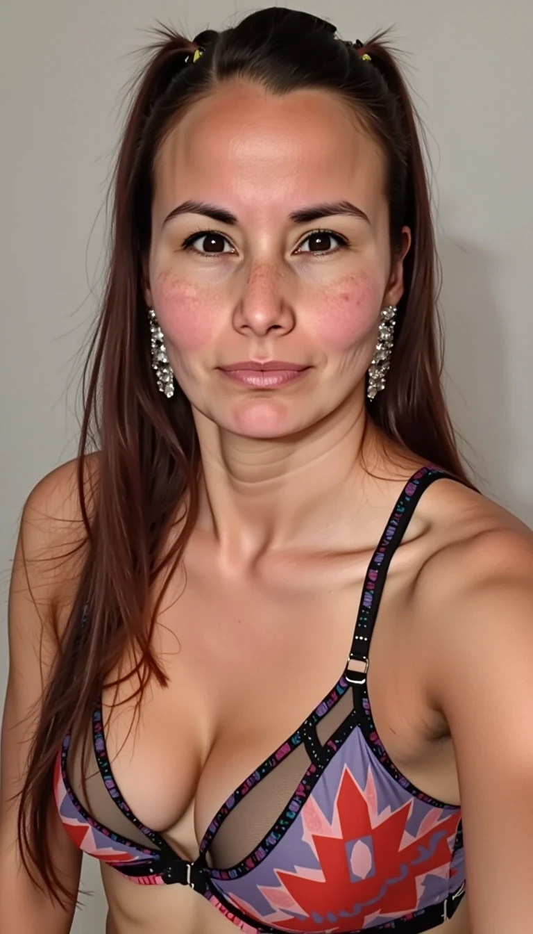 A full body close up photo of CSTMDL a slim 35-year-old adult native American woman with light brown skin tone, she is facing and looking at the camera, she is posing seductively for the camera, she maintains intense eye contact with the camera at all times, she has cute pigtails, she is wearing a skintight form fitting onesie lingerie with native American geometric patterns on it, realistic, no earrings, award winning photography, professional lighting, 