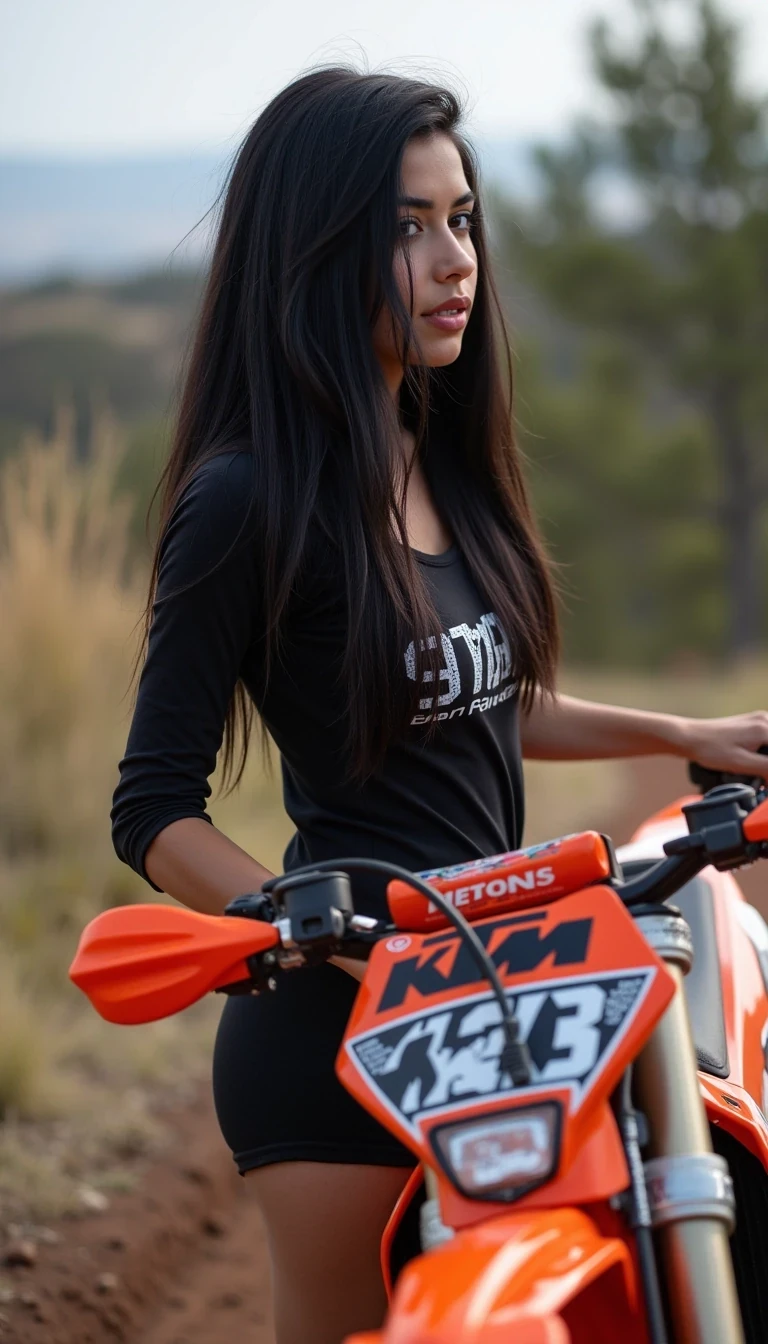 Cstmdl , long black hair, standing beside an orange and white ktm dirt bike , 