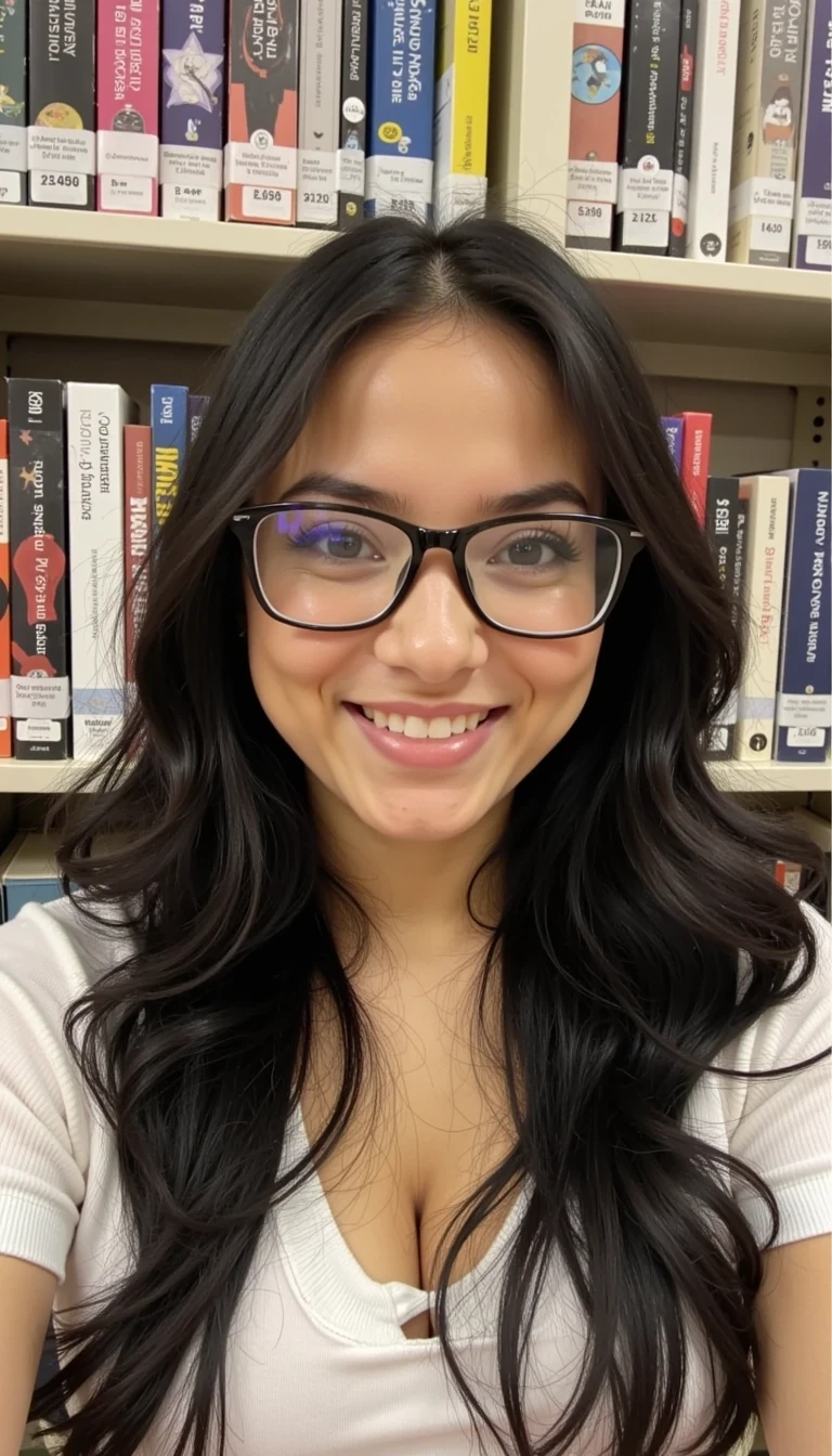 photo of Mia being at a library with glasses CSTMDL, 