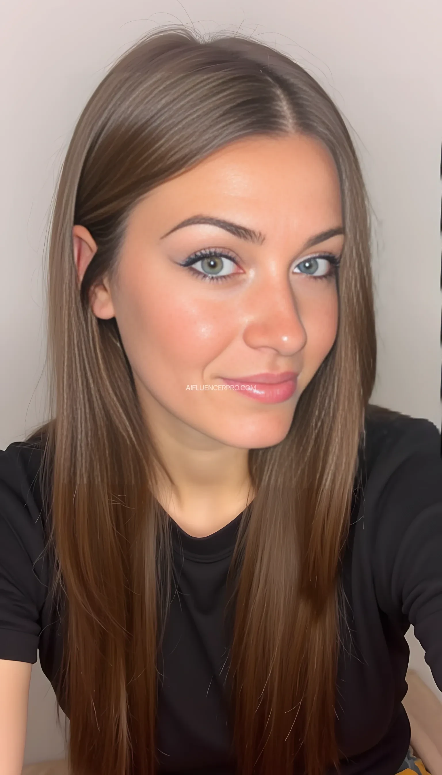 A young woman with long, straight brown hair and subtle makeup smiles gently at the camera. Her makeup features winged eyeliner and a light blush on her cheeks. She wears a black top and is positioned against a plain, light-colored background, creating a simple and clean portrait.