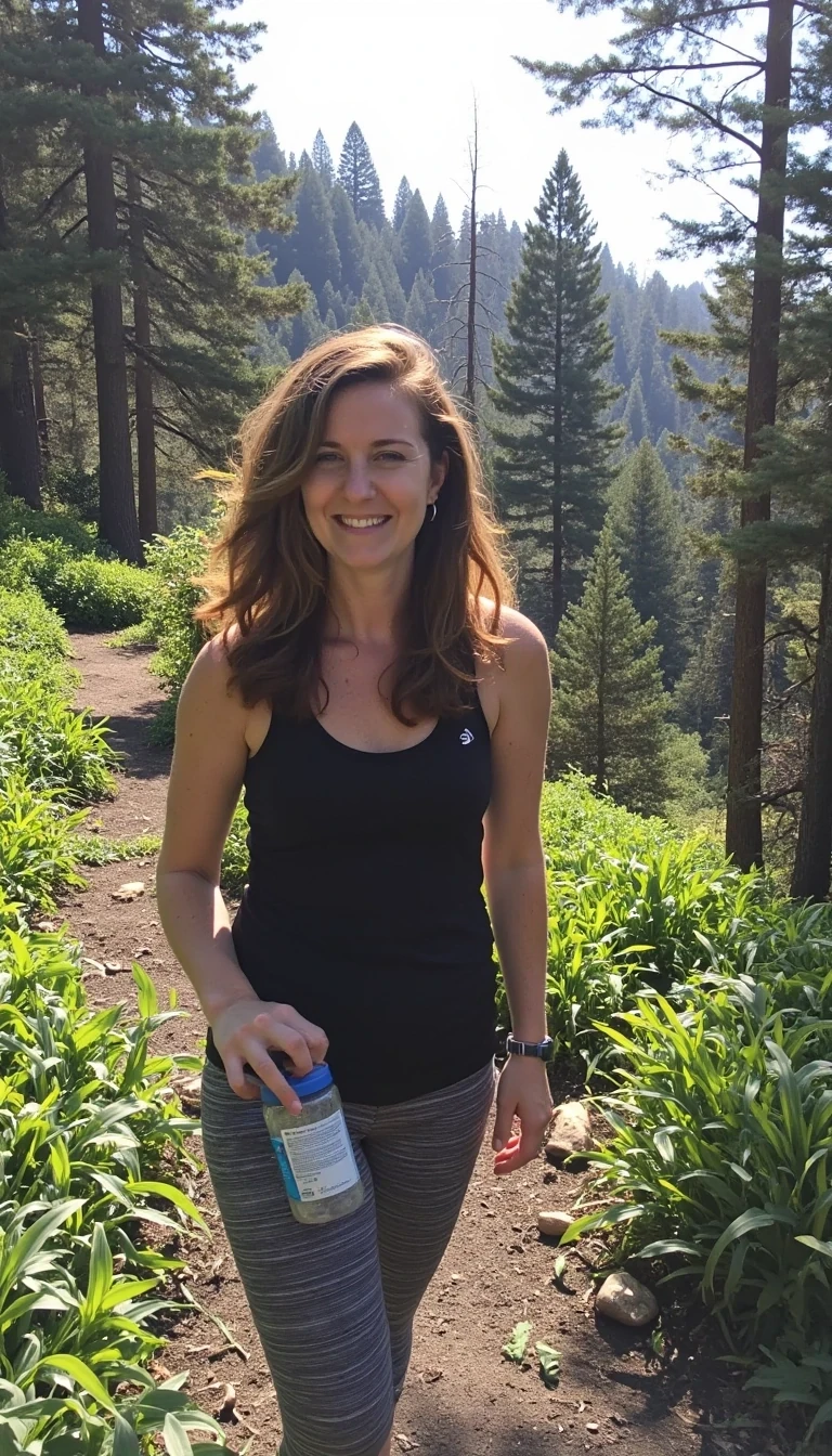 boring low quality snapchat photo circa 2015 of a mid 20s girl CMSTDL with long wavy auburn hair. She is hiking on a summer day. Sun is coming through the trees onto her. She is wearing yoga pants and a tank top. She is holding a reusable water bottle. She is smiling