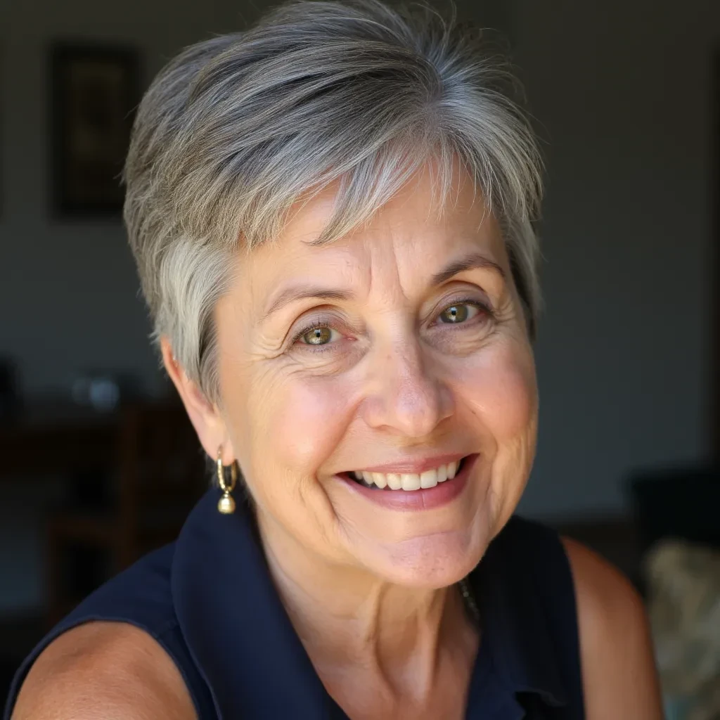 Portrait of an older woman with short gray hair and a great smile