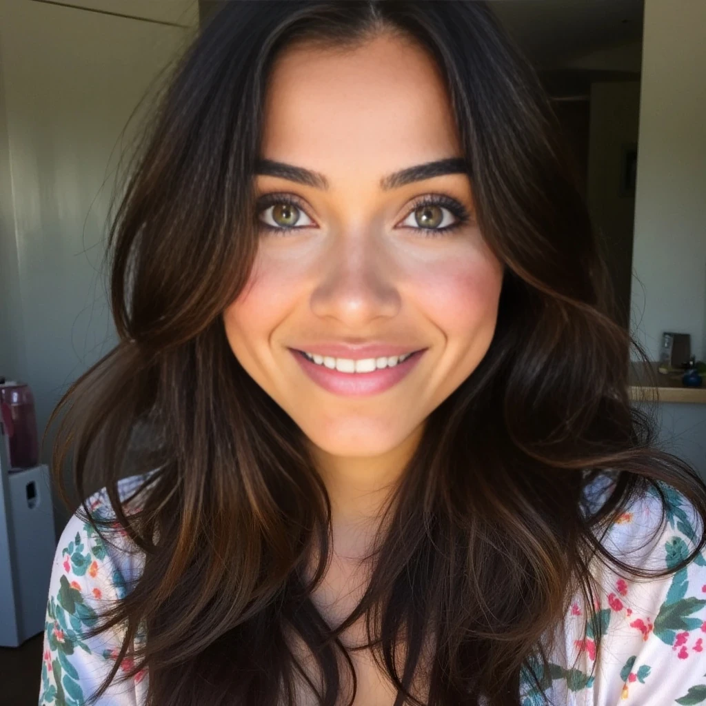boring low quality snapchat photo circa 2015, A beautiful young woman in her early 20s with a heart-shaped face, soft jawline, and high cheekbones. She has glowing, lightly tanned skin with a natural dewy finish and subtle blush on her cheeks. Her big almond-shaped green eyes are framed with soft eyeliner and thick lashes, looking directly at the camera with a warm, open expression. Her full, slightly parted lips are softly defined with a natural rosy nude tone. Her long, wavy chocolate brown hair with soft highlights cascades around her shoulders, adding movement and softness to the frame. The lighting is natural and even, emphasizing her smooth skin texture and vibrant eye color. The background is neutral, keeping full focus on her expressive, relaxed, and emotionally warm face.

at school

Use realistic facial features, natural body proportions, glowing ambient light, real floral textures, and authentic framing. Avoid distortion, overly posed angles, or artificial enhancement.