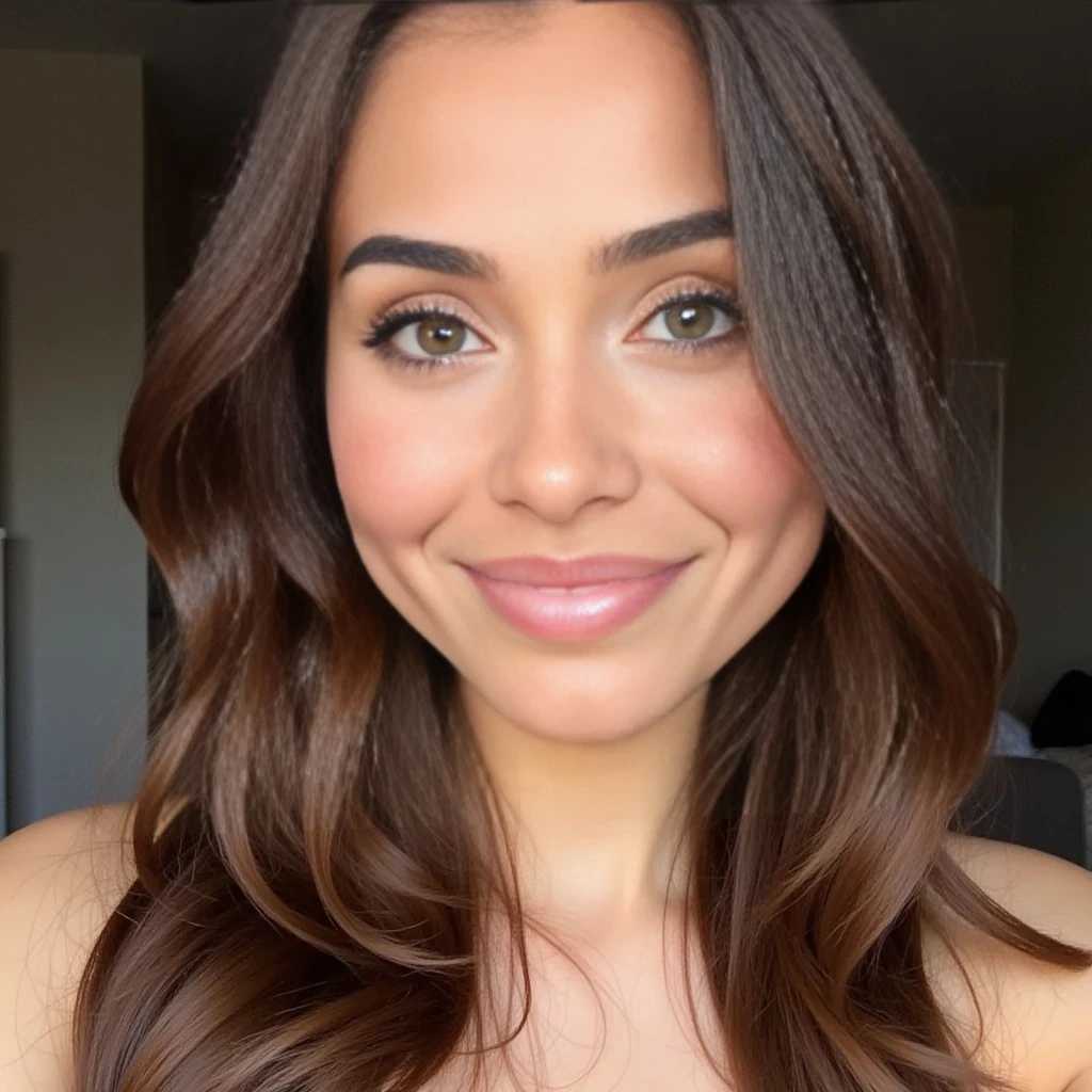 boring low quality snapchat photo circa 2015, A beautiful young woman in her early 20s with a heart-shaped face, soft jawline, and high cheekbones. She has glowing, lightly tanned skin with a natural dewy finish and subtle blush on her cheeks. Her big almond-shaped green eyes are framed with soft eyeliner and thick lashes, looking directly at the camera with a warm, open expression. Her full, slightly parted lips are softly defined with a natural rosy nude tone. Her long, wavy chocolate brown hair with soft highlights cascades around her shoulders, adding movement and softness to the frame. Expressive, relaxed, and emotionally warm face.

in bed with girls

Use realistic facial features, natural body proportions, soft lighting, real textures, and a grounded, believable indoor setting. Avoid distortion or over-smoothing.
