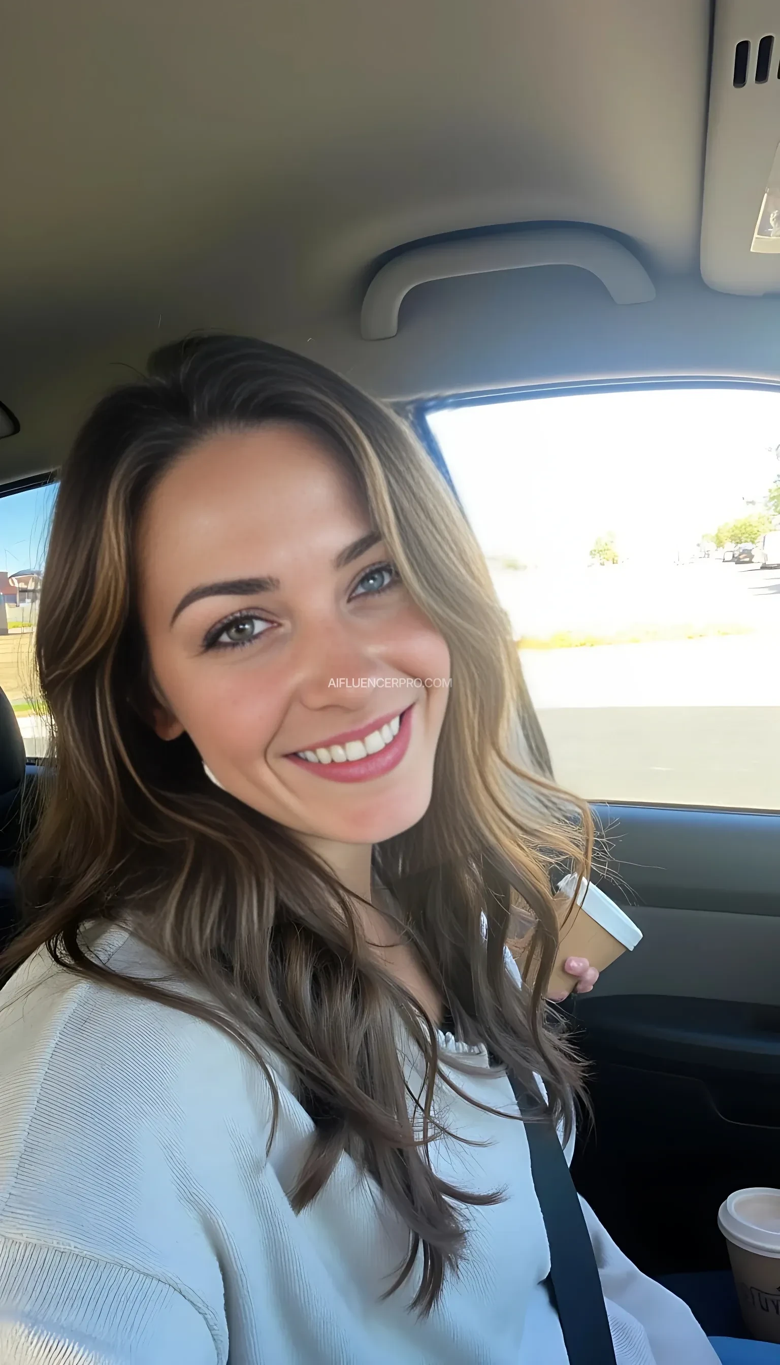 boring low quality snapchat photo circa 2015, A young woman with a warm smile, sitting in the driver's seat of a cozy car. She has soft, wavy brown hair cascading past her shoulders. The sunlight streams through the window, casting a gentle glow on her face. The interior of the car is neat and comfortable, with a coffee cup in the cup holder and a small plant on the dashboard. The background outside the window shows a scenic road lined with trees and blue skies