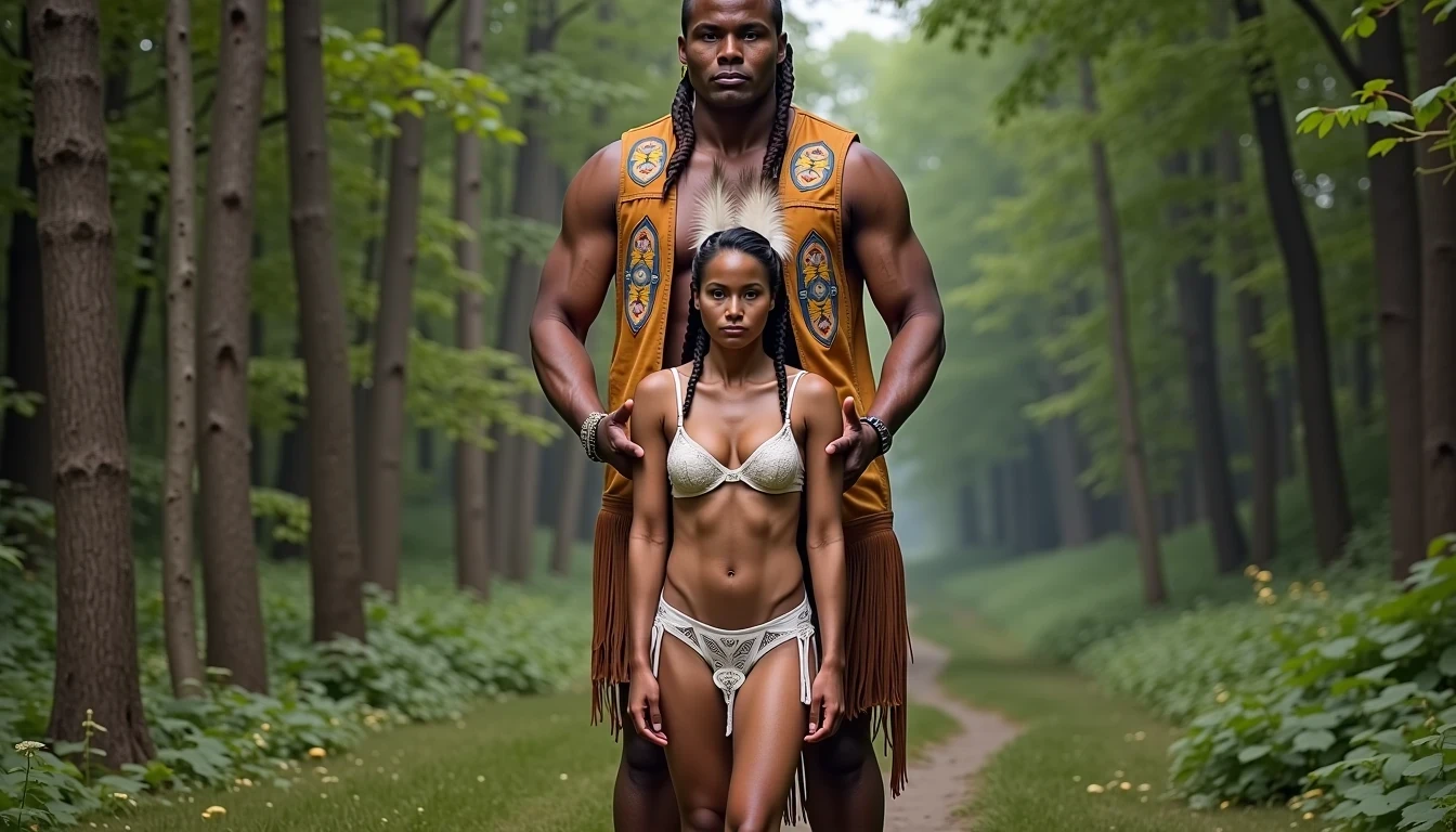 photo of woman CSTMDL, a medium shot photo of, a slim woman, her full body is in the scene, she has a slender petite build with petite small boobs and a flat chest, she has small dark skin nipples with long pointy nipple ducts and small dark skinned areolas, her hair is styled with two long braids she has eagle plumes in her hair, she is not wearing earrings, she is wearing daisy duke denim booty shorts, she is wearing a native American style vest in a golden yellow color over top of her underwear, her vest is open exposing her strapless bra, her bra is a strapless white lace bra, she is wearing white lace panties, she is wearing ankle height smoked hide moccasins, natural lighting, natural light, amateur photography, shot on an iPhone, she is standing with her legs spread wide apart in a densely wooded forest, she is maintaining intense eye contact with the camera, there is a giant native American fat man twice her height standing up directly behind her holding onto the woman's booty, the man is holding her up suspended in the air in front of him, the man is a real giant, public setting, Hyper realism, ultra-sharp focus, highly detailed, natural lighting, natural light, amateur photography,