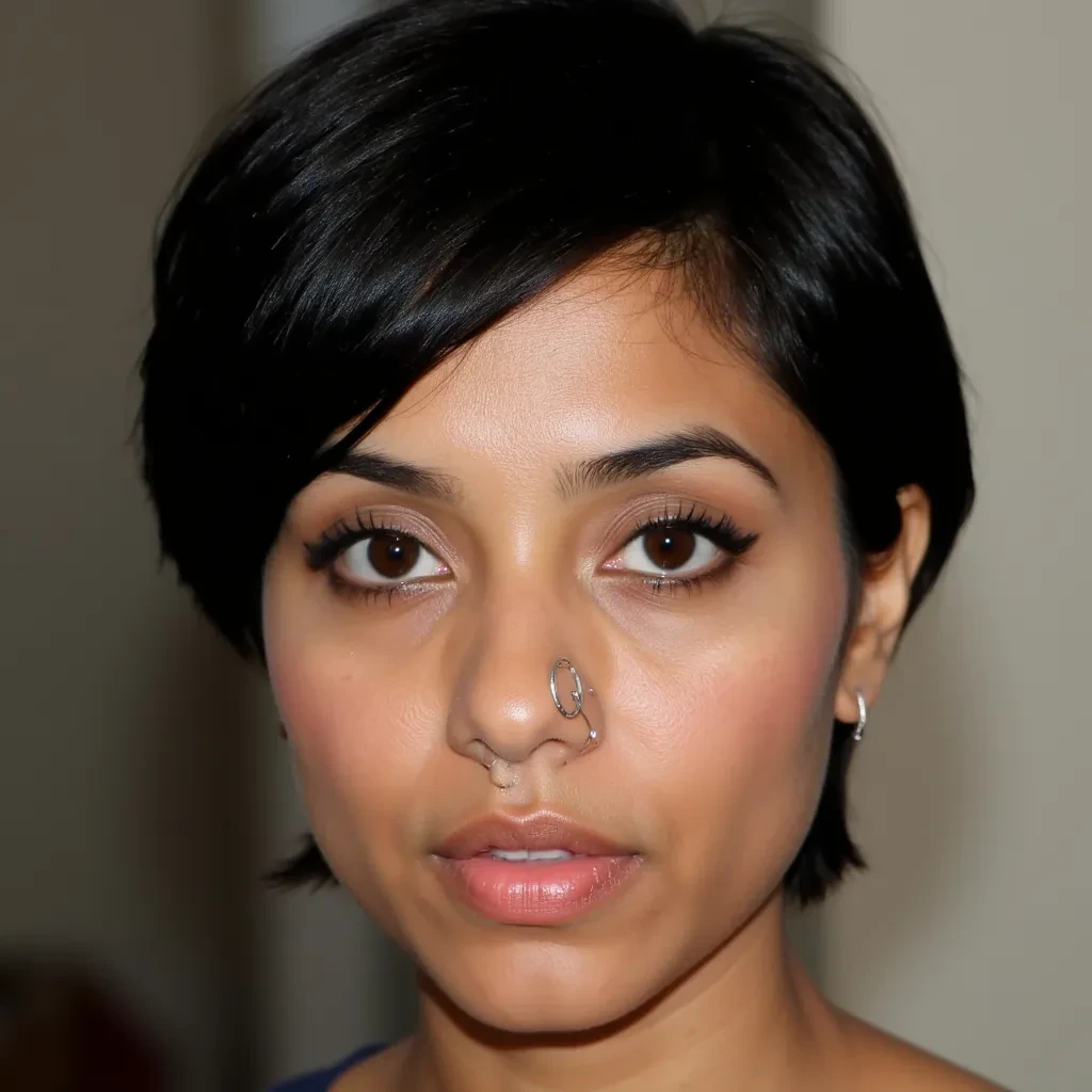portrait of adult woman , age 35, she is indian canadian, dark short hairs, brown eyes, spetum nose ring, eye lasheshes, eye shadow, fair colour