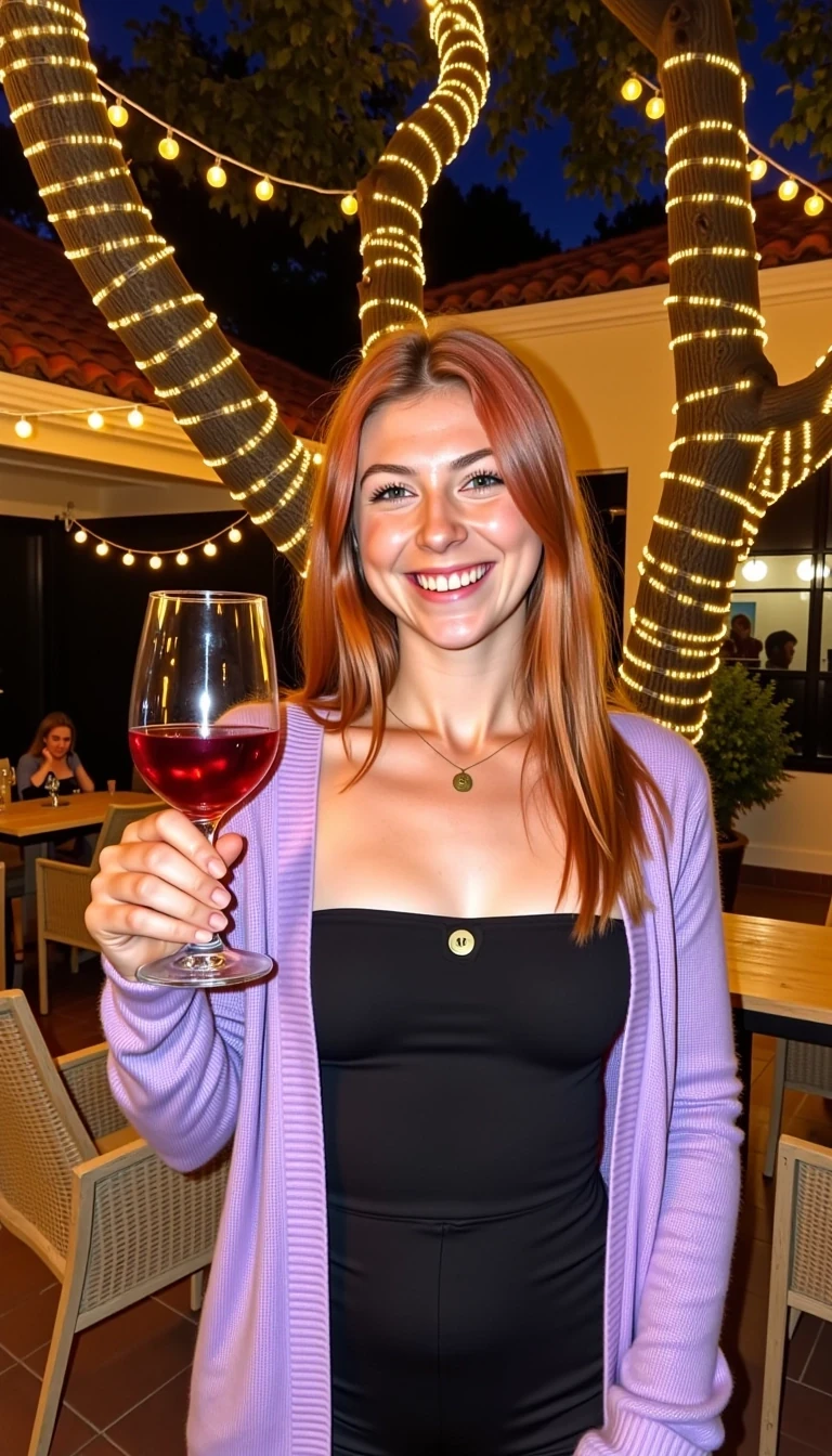 CSTMDL, A full body shot photo of a woman standing outdoors at a cozy, warmly lit patio in the evening, with soft, glowing lights wrapped around a tree behind them creating a charming atmosphere. The image is rich in detail, with warm tones and clear textures throughout. The woman has fair skin, a slim build, and long reddish-blonde hair, also worn loose. She is smiling warmly at the camera, holding a glass of red wine in her right hand, and wears a soft-textured lavender cardigan over a black top. The background features a large tree with sparkling string lights wrapped around its trunk and branches, adding a magical touch to the scene. The setting suggests a private outdoor seating area, with elements like terracotta-tiled roofing, greenery, and rattan chairs contributing to a serene, inviting vibe. The overall composition is balanced, with the woman framed against the softly glowing tree, and the lighting enhances the warm, intimate feel of a quiet evening shared among friends. The details are vivid, with textures of clothing, skin, and background elements clearly visible, while the warm lighting creates a relaxed and joyful mood