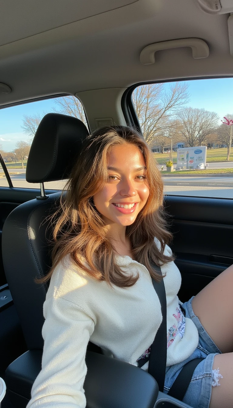 boring low quality snapchat photo circa 2015, A young latina woman with a warm smile, sitting in the driver's seat of a cozy car. She has soft, wavy brown hair cascading past her shoulders. The sunlight streams through the window, casting a gentle glow on her face. The interior of the car is neat and comfortable, with a coffee cup in the cup holder and a small plant on the dashboard. The background outside the window shows a scenic road lined with trees and blue skies in Houston Texas 
