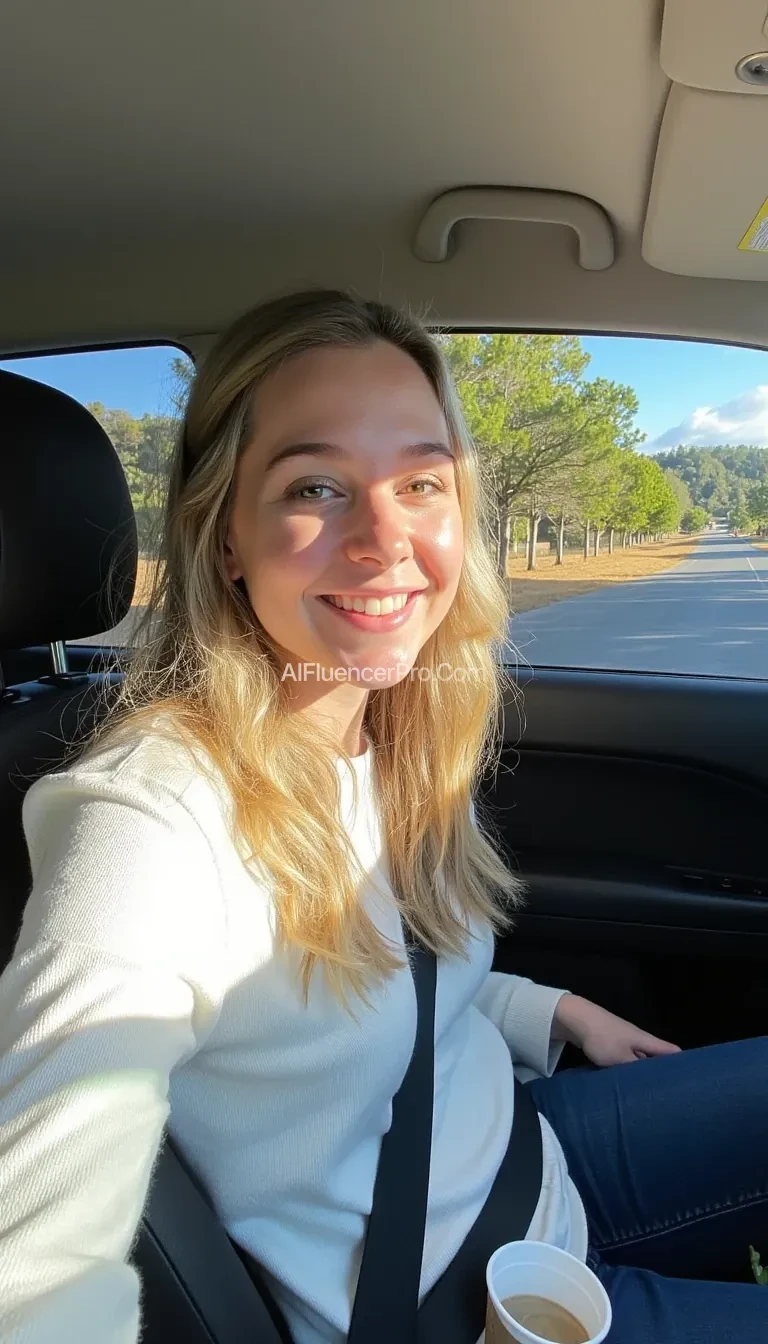 boring low quality snapchat photo circa 2015, A young woman with a warm smile, sitting in the driver's seat of a cozy car. She has soft, wavy blonde hair cascading past her shoulders. The sunlight streams through the window, casting a gentle glow on her face. The interior of the car is neat and comfortable, with a coffee cup in the cup holder and a small plant on the dashboard. The background outside the window shows a scenic road lined with trees and blue skies