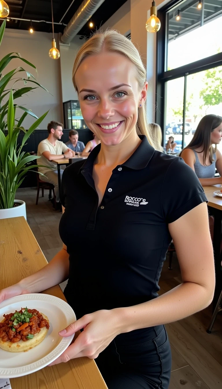 CSTMDL, Hailey, photorealistic portrait of a young woman in her early 20s with fair porcelain skin, smooth complexion, subtle natural makeup with soft pink lips and light eyeliner, straight blonde hair tied back in a neat ponytail, bright blue eyes sparkling with warmth, friendly genuine smile revealing straight white teeth, confident and approachable demeanor, gazing directly at the viewer with engaging eye contact; she is wearing a fitted black short-sleeved polo shirt with a small embroidered logo on the chest reading "Rocco's Tacos" in white lettering, tucked into slim black pants, no visible accessories; she is holding a note pad and she is taking an order at a table; set in a modern upscale cafe interior with high ceilings, large floor-to-ceiling windows allowing soft diffused natural daylight to flood in from the right side, creating gentle highlights and soft shadows on her face and clothing, warm ambient hanging pendant lights with golden glow in the background; background details include a tall green potted plant with broad leaves to the left, patrons seated at wooden tables including a man in a beige shirt facing away, another in gray chatting, and a woman in a black tank top with long brown hair; dominant colors are neutral blacks and grays with pops of green foliage, warm wood tones, and red accents from the food; overall welcoming and lively casual dining atmosphere, evoking freshness and hospitality; composition is a medium close-up shot from a slight low angle to emphasize approachability, framed centrally with balanced symmetry, captured with a Canon EOS 5D Mark IV camera using a 50mm prime lens at f/2.8 aperture for shallow depth of field, ISO 100 for crisp details, natural window lighting supplemented by soft indoor LEDs at 4000K color temperature, hyper-realistic textures like the soft cotton weave of the polo shirt, and smooth skin pores; ultra-detailed, hyperrealism, photorealistic rendering indistinguishable from a high-resolution photograph, 8k resolution, sharp focus on the woman and plate with bokeh background.