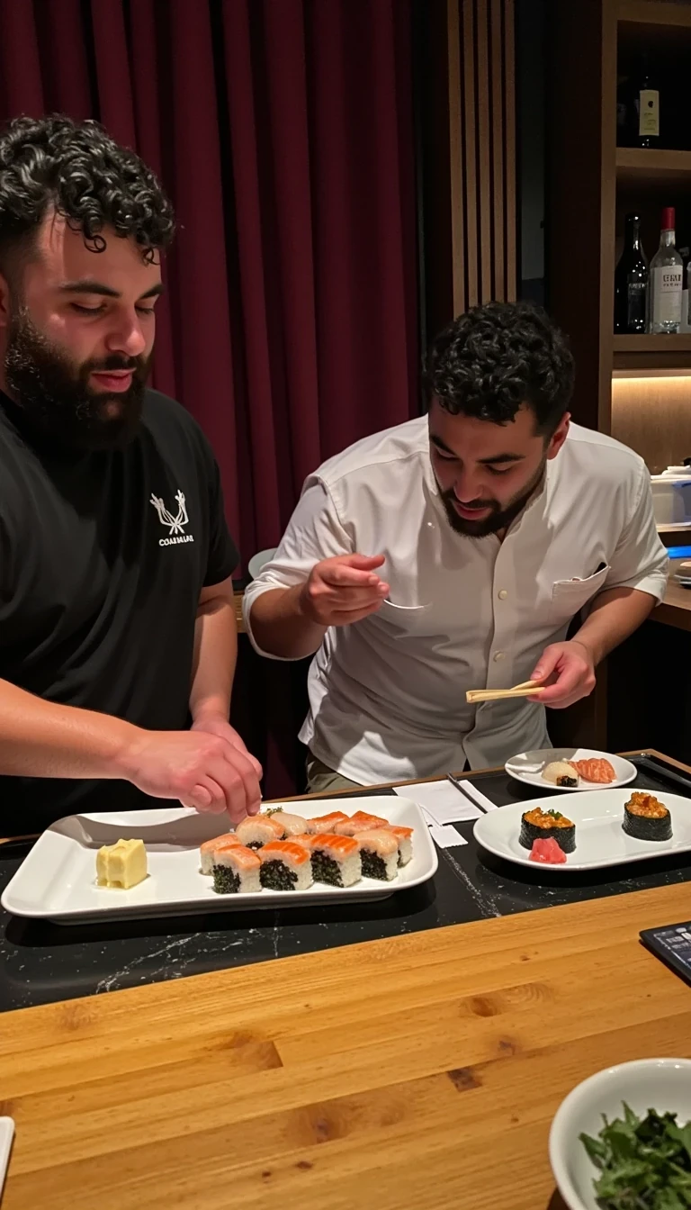 photo of man CSTMDL, on the floor, begging to eat sushi from a sushi chef, at a high end sushi restaurant