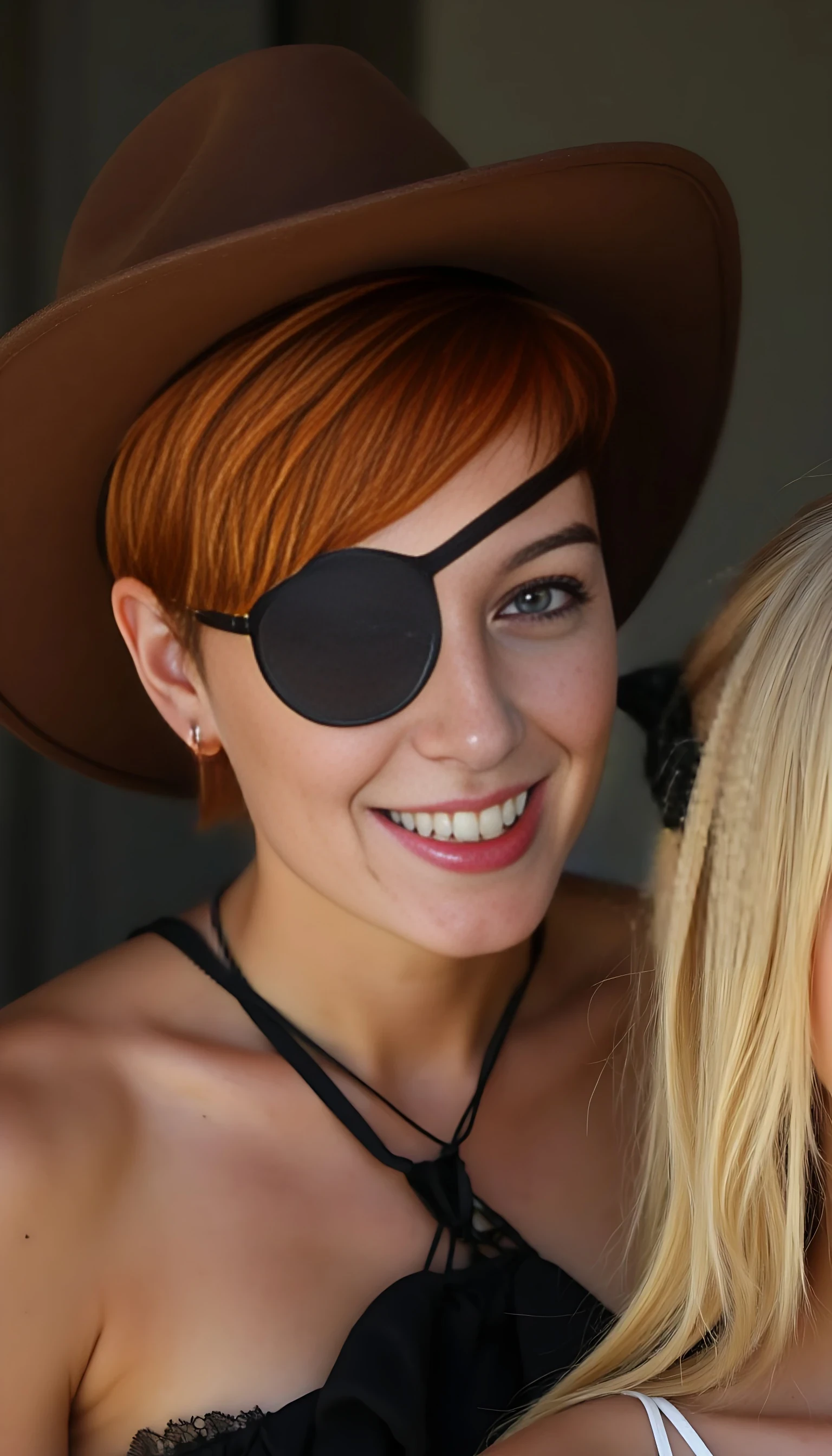 A short natural redhead pixie cut on a women. An eye patch on the just the left eye covering it. A brown cowboy hat. Playful smile. Realistic high quality photo. A long haired blonde woman next to her. The redhead is cutting the woman’s long blonde hair off. The blonde woman is crying. 