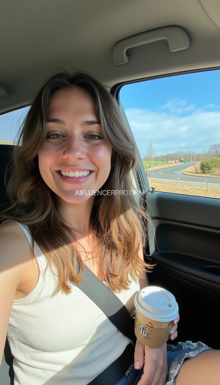 boring low quality snapchat photo circa 2015, A young woman with a warm smile, sitting in the driver's seat of a cozy car. She has soft, wavy brown hair cascading past her shoulders. The sunlight streams through the window, casting a gentle glow on her face. The interior of the car is neat and comfortable, with a coffee cup in the cup holder and a small plant on the dashboard. The background outside the window shows a scenic road lined with trees and blue skies