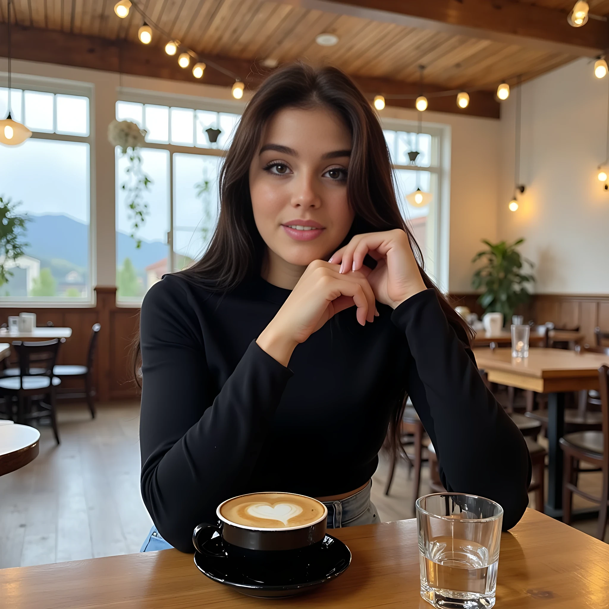 CSTMDL,young woman, long straight brunette hair, black long sleeve crop top, light blue high-waisted jeans, selfie in a café, cozy interior, wooden ceiling, large windows, daylight, hanging white floral decorations, hanging fairy lights, cappuccino with heart-shaped latte art, black saucer, small glass of water, natural smile, pose with head resting on hand, aesthetic Instagram style, warm soft lighting, realistic details, slight bokeh in background, modern girly lifestyle vibe, only two hands, bitting her nails
