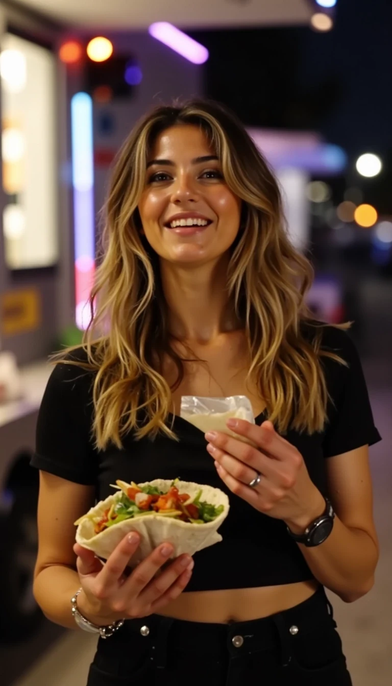 CSTMDL standing by a food truck at night, holding tacos with both hands, mid-laugh with her mouth slightly open, eyes sparkling from neon reflections.
