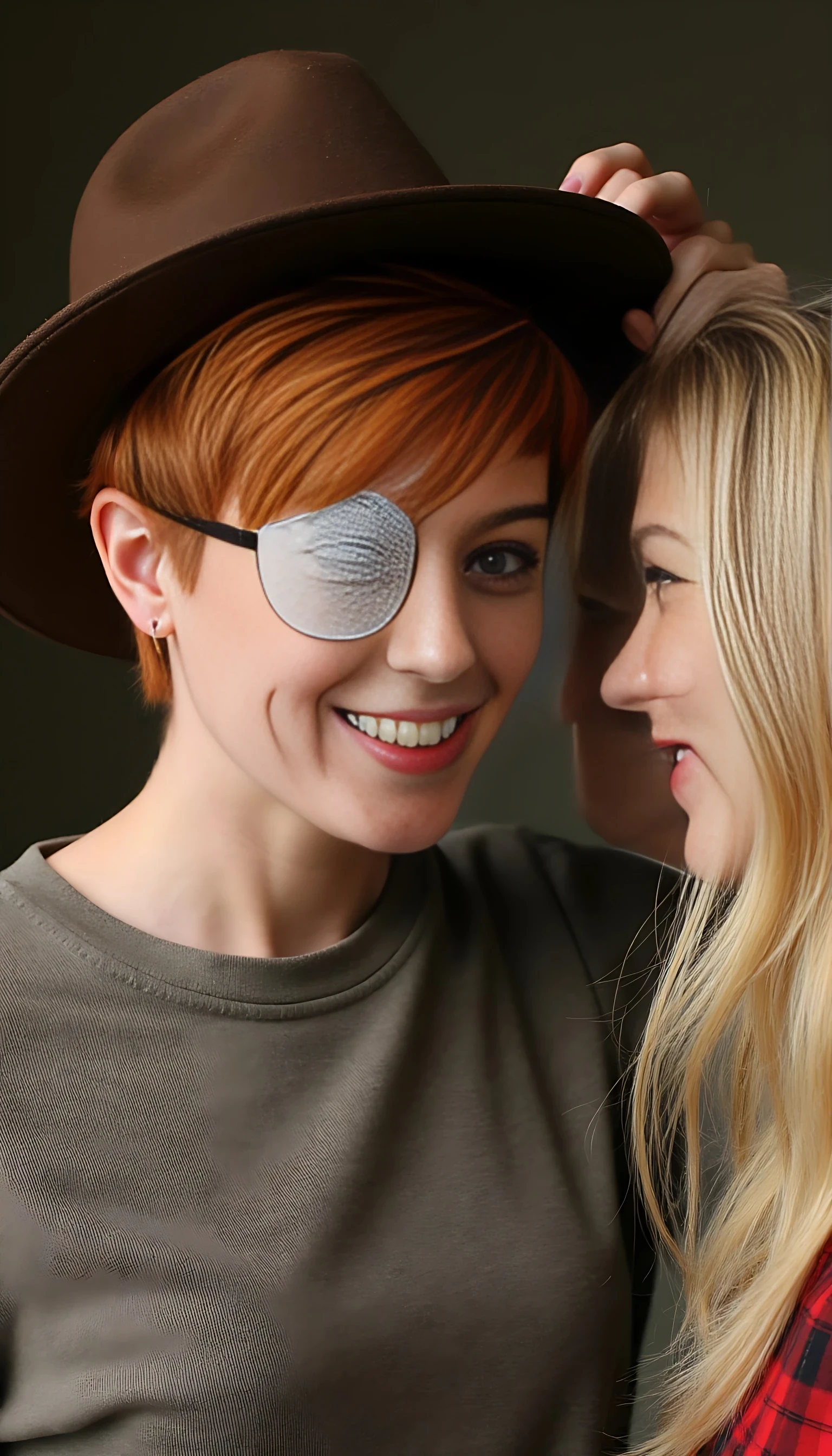 A short natural redhead pixie cut on a women. An eye patch on the just the left eye covering it. A brown cowboy hat. Playful smile. Realistic high quality photo. A long haired blonde woman next to her. The redhead is running her hands through the blonde lady’s hair.