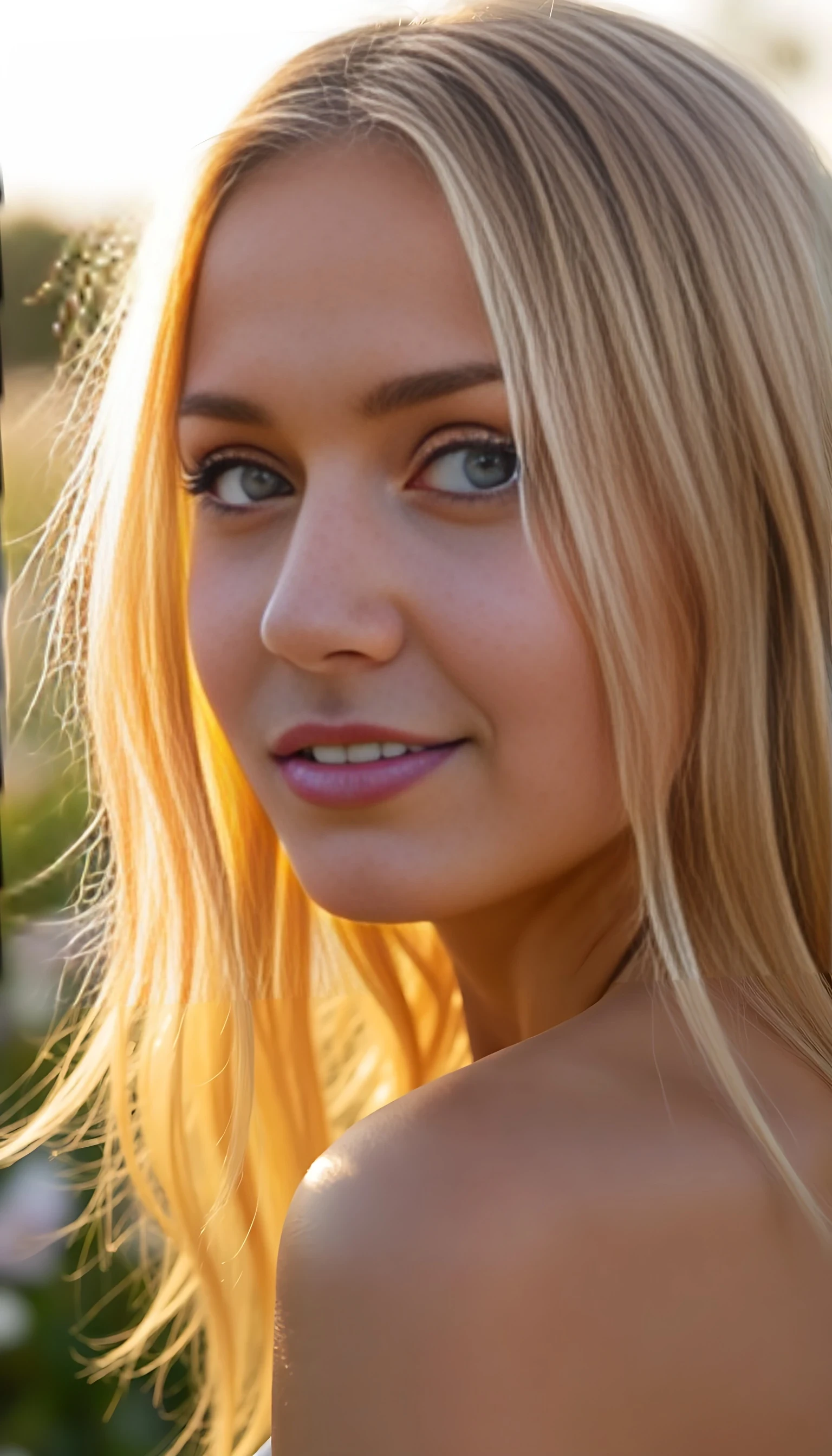 Main Prompt:
A soft cinematic selfie of a platinum blonde woman with loose hair gently blowing in the wind. She’s turned slightly to the side, looking past the camera with a calm, thoughtful expression. The sunlight highlights the curve of her cheek and the strands of hair drifting across her face. She stands in a wildflower field, bathed in golden-hour warmth. Her green eyes are visible beneath fluttering lashes, giving a dreamy, intimate feel.

Style Tags:
Photorealistic, cinematic wind, golden light, soft expression, slow-motion feel, elegant feminine portrait, nature-inspired aesthetic.