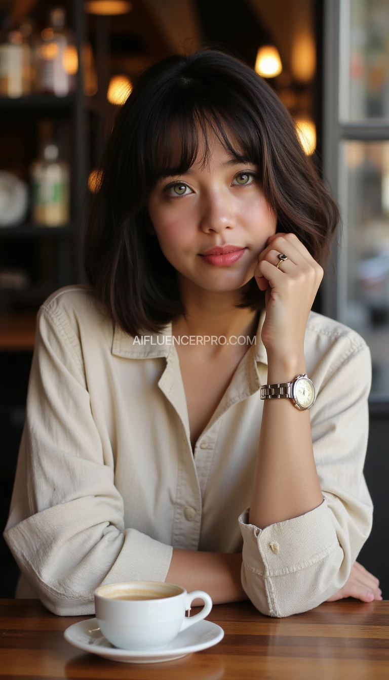 Instagram photo quality, full body young woman around 25 years old, half-Italian appearance, green eyes, very pale skin, very dark brown Bob with bangs hairstyle no fringe and shy smile. She wear casual luxury clothes and a beautiful Cartier watch. Inside a coffee shop with a cup of coffee next to you on your table.