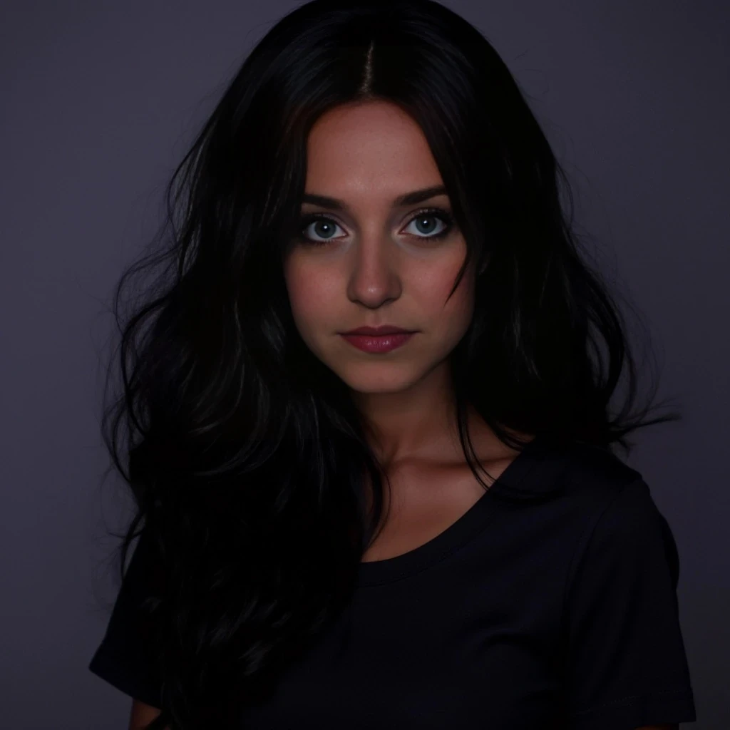  Her raven hair falls in soft waves framing a face that is both delicate and strong, with high cheekbones and a sharp jawline. Her eyes are a mesmerizing shade of purple, a trait that has earned her whispers of sorcery in the streets. Her skin is a warm olive tone, kissed by the sun, and she stands tall with a lithe, athletic build. She often dresses in dark, flowing garments that seem to blend with the shadows