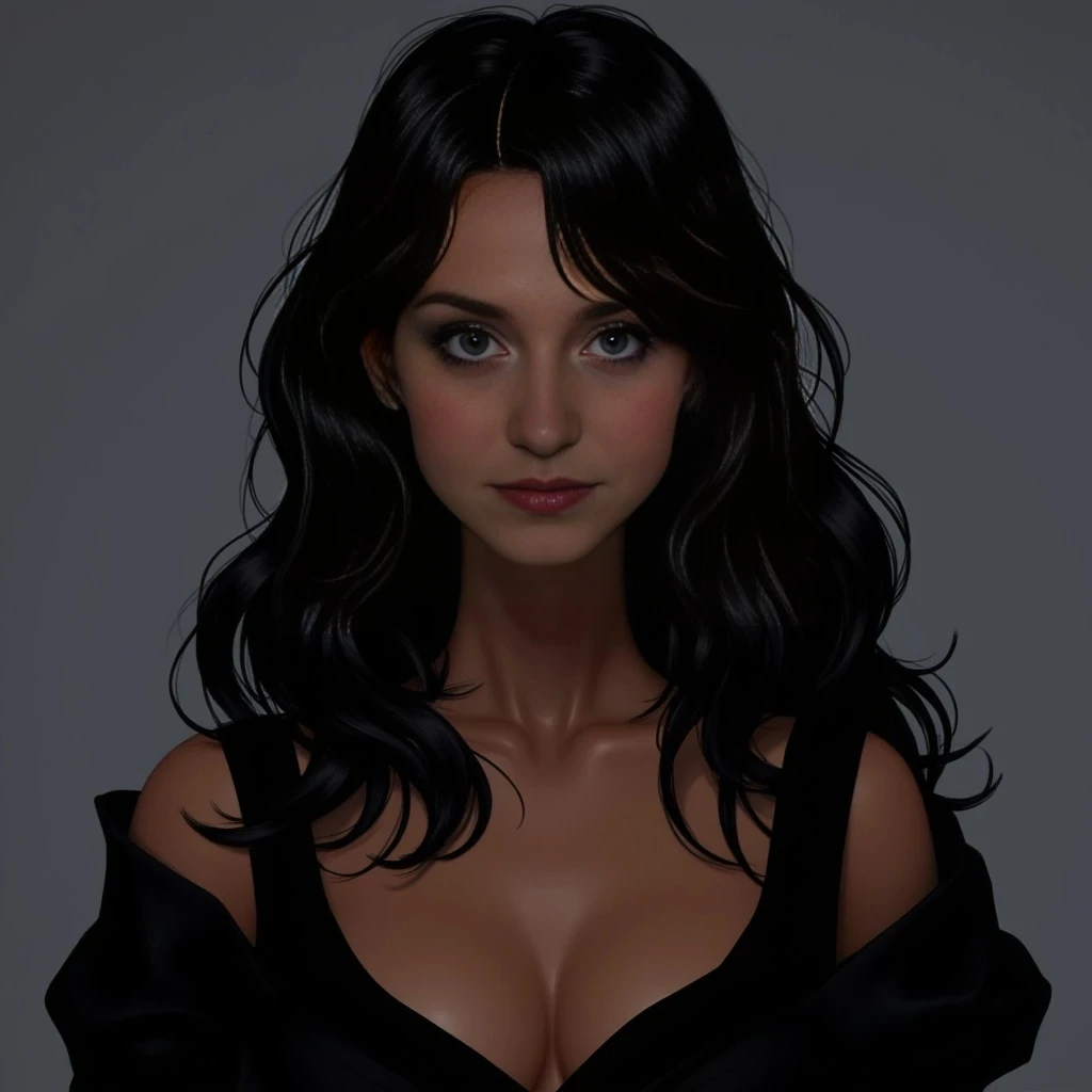  Her raven hair falls in soft waves framing a face that is both delicate and strong, with high cheekbones and a sharp jawline. Her eyes are a mesmerizing shade of purple, a trait that has earned her whispers of sorcery in the streets. Her skin is a warm olive tone, kissed by the sun, and she stands tall with a lithe, athletic build. She often dresses in dark, flowing garments that seem to blend with the shadows