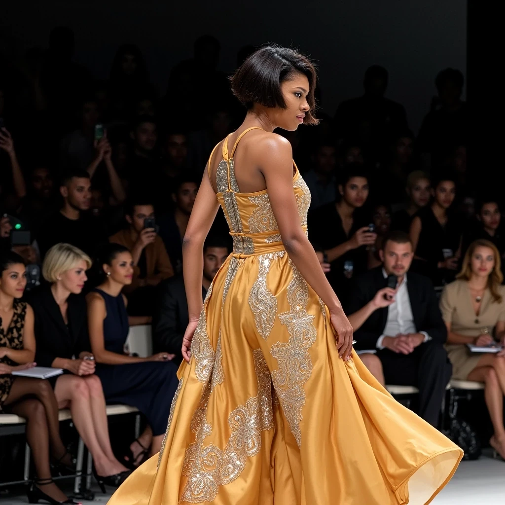 Vogue Forces of Fashion
Shot on Sony A1, 85mm f/1.4 GM, ISO 800, 1/320 sec. Dynamic shot mid-stride in custom Pyer Moss gown with political statement embroidery. Light olive brown skin catching multiple cross lights, creating dimensional highlight on collar bones. Hair in sleek bob with glass-like finish. Background: Anna Wintour, Edward Enninful, and fashion industry luminaries in soft focus.
 CSTMDL