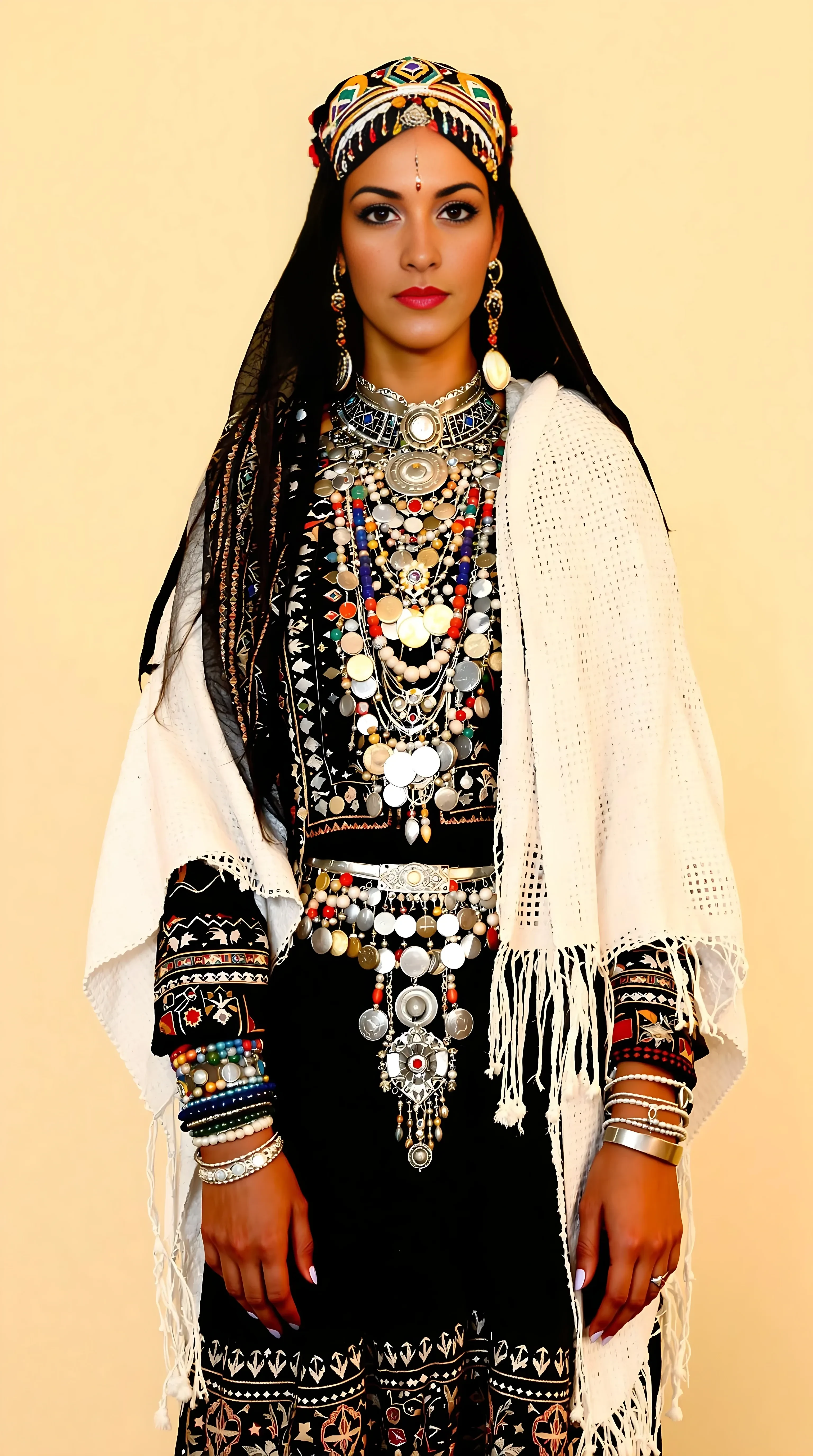A realistic full-body portrait of a Moroccan Berber woman standing in a dignified pose. She is wearing traditional Amazigh clothing, including a black dress with intricate embroidery, a white woven shawl draped over her shoulders, and detailed silver jewelry featuring coins and coral stones. Her head is covered with a traditional Berber headpiece, adorned with beads and vibrant patterns. The pose is stoic and elegant, with her hands resting naturally at her sides. The lighting is soft and warm, and the background is plain, emphasizing the intricate details of her traditional attire and jewelry. The overall look reflects authentic Amazigh heritage and cultural accuracy