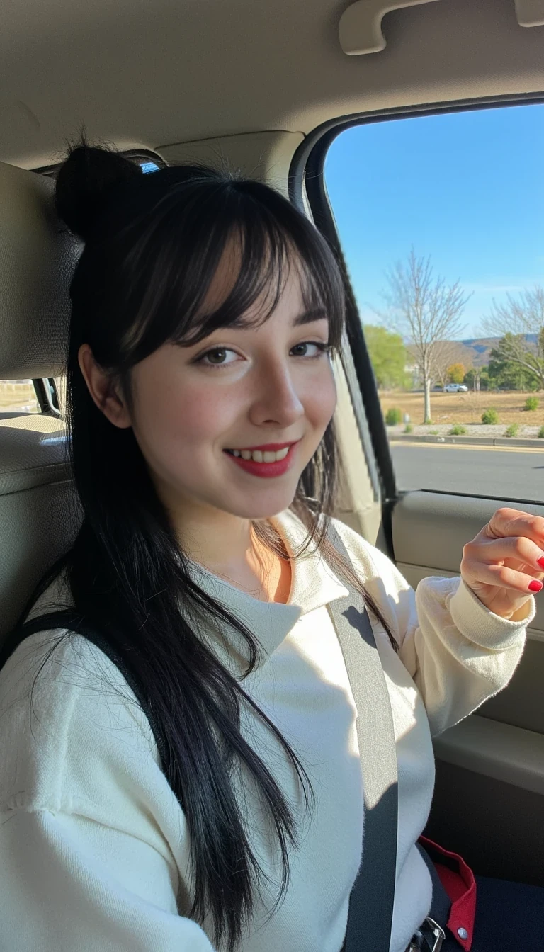 boring low quality snapchat photo circa 2015, A young woman with a warm smile, sitting in the driver's seat of a cozy car. She has soft, straight black hair with bangs cascading past her shoulders. The sunlight streams through the window, casting a gentle glow on her face. The interior of the car is neat and comfortable, with a coffee cup in the cup holder and a small plant on the dashboard. The background outside the window shows a scenic road lined with trees and blue skies