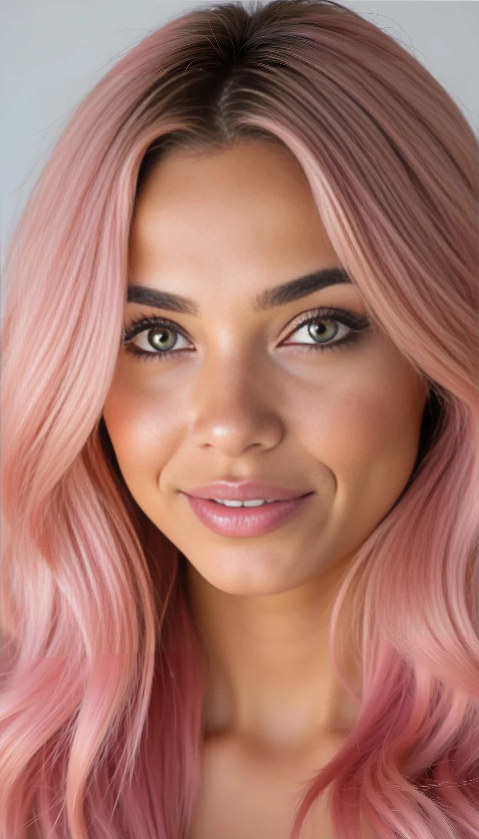 A studio-quality full-face portrait photo of a beautiful 20 years old model, mixed ethnicity of half white American half Brazilian, with pink hair, ultra detailed green eyes with sharp iris reflections, slight smile, high-quality