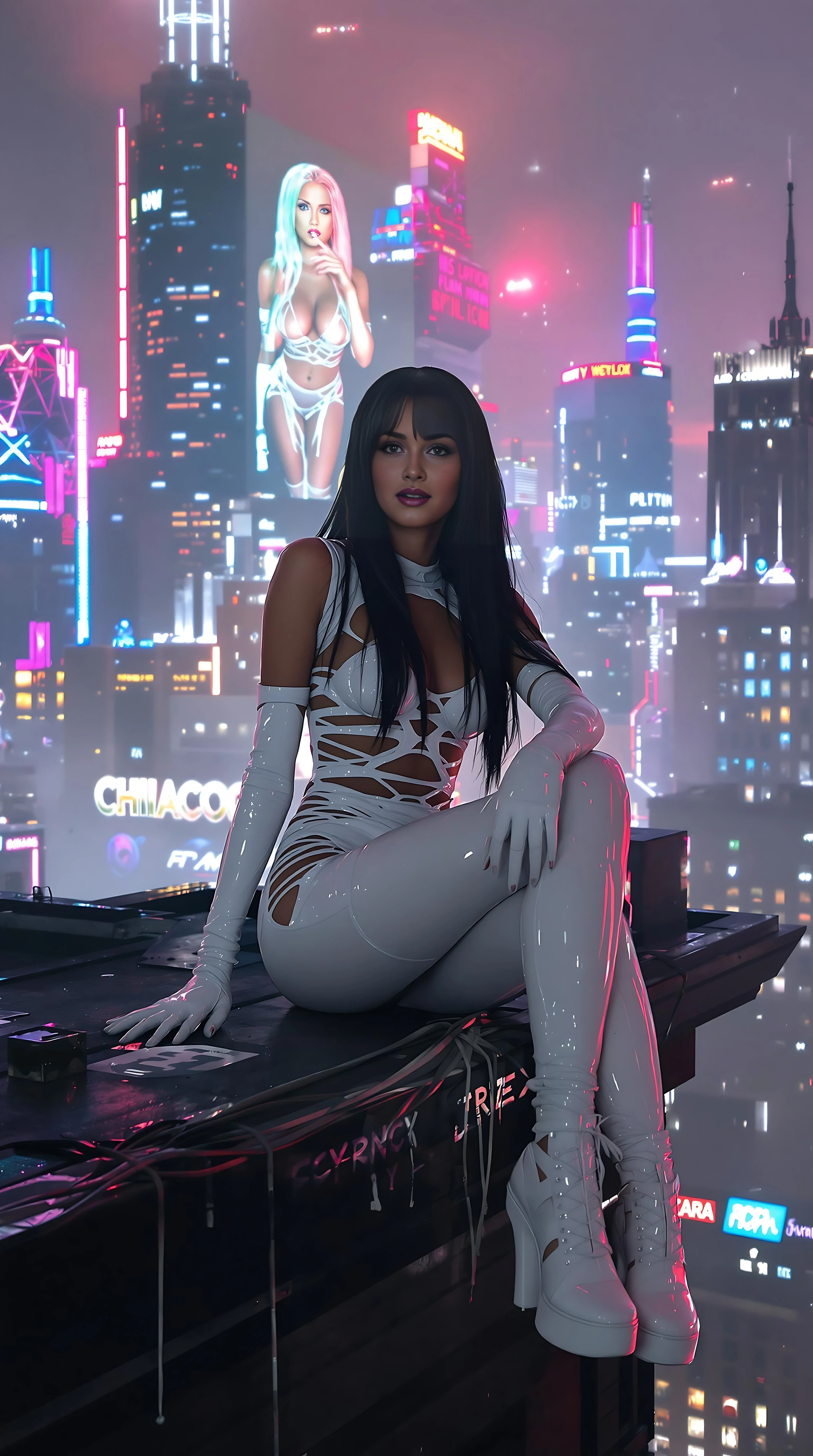 Cyberpunk year 2214, Illinois, Chicago City, neon lights and holograms, a beautiful stunningly gorgeous short 5,2 height 110lbs to 120lbs smooth tan complexion mexican latina girl, very glossy peachy-pink lips, full lips, slightly parted lips, long straight black hair past her waist,  brown eyes, roof top, the City is all urban and highly advanced and highly technologically evolved, mega buildings, the city has two layers, two levels, the lowest layer the lowest level the old city for the the poor, and above the old city is the higher layer the upper level of the city and its highly advanced and super technological evolved and modern, Av flying vehicles in the sky, shes a famous super model, shes a real doll face baddie, lots of holograms, holograms, volumetric fog, there is a big hologram of her in the background, her outfit is skin-tight like a second skin, she loves her all white Aesthetic, shes on the roof just chilling and smoking a cigarette, chill face expression, shes sitting on the ledge looking so cool, shes observing the city from above, looking down imagining how long she would fall until her body spalashes on the ground, the wind blowing her hair, her legs hanging of the ledge, she has the best most expensive trendy fashionable apparel, cut outs revealing skin, white black blue silver but mostly white,