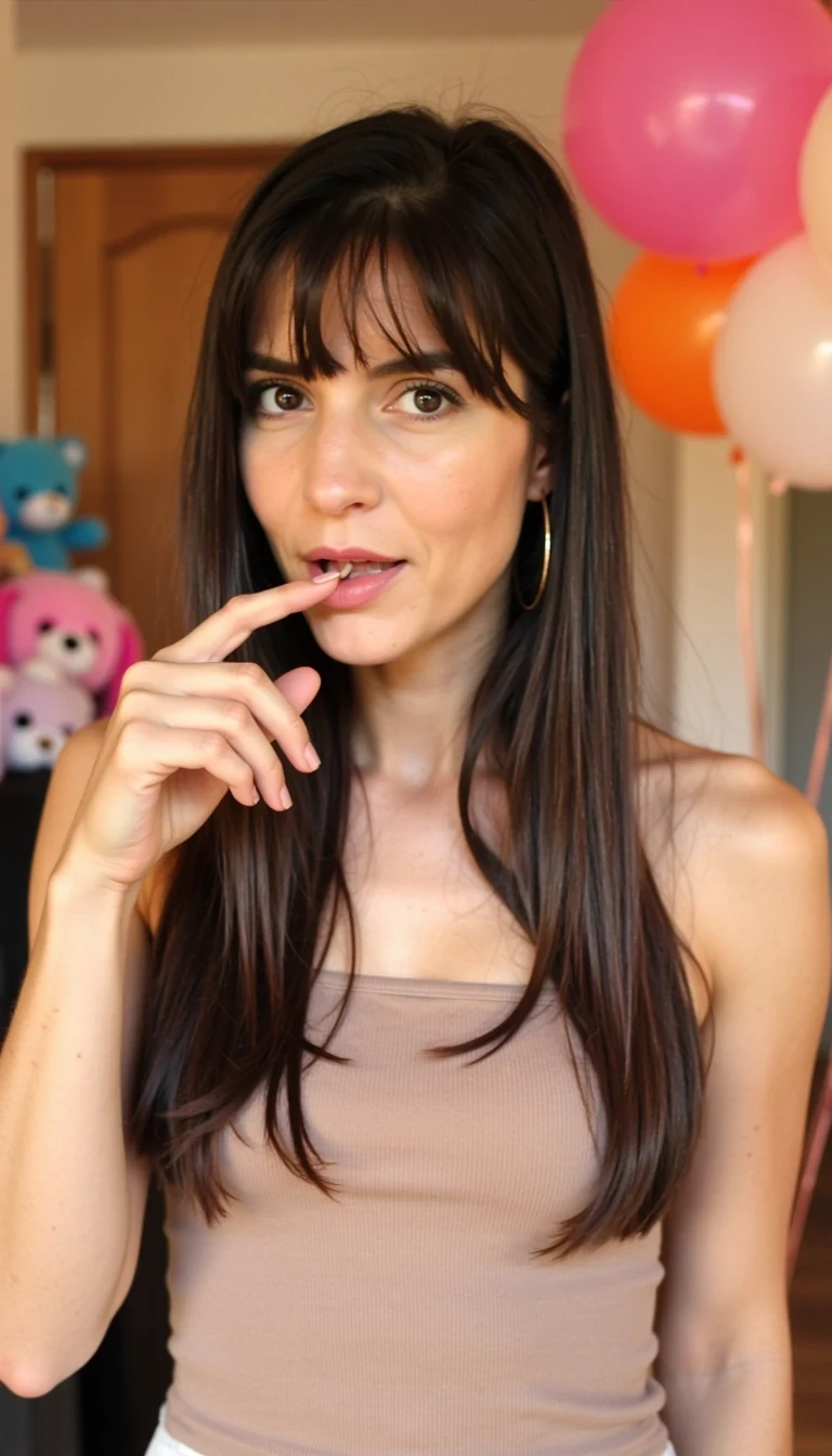 This is a photograph of a young woman taken indoors in a casual, playful setting. She has long, straight, dark brown hair with bangs that frame her face. Her skin is fair and smooth, with a slight blush on her cheeks. She has a slender, petite physique with a small bust.

The woman is dressed in a light brown, strapless top that accentuates her collarbones and has a slightly textured fabric. She is sticking out her tongue between her index finger and middle finger in a playful gesture, with her other hand resting on her hip.

The background shows a room filled with colorful decorations, including several stuffed animals and balloons. On the left side of the image, there are plush toys, including a pink teddy bear and a blue stuffed animal. To the right, there are several balloons in pink, orange, and white, adding a festive atmosphere. The lighting in the room is warm, likely from a nearby lamp or natural light, casting a soft glow on the subject.

