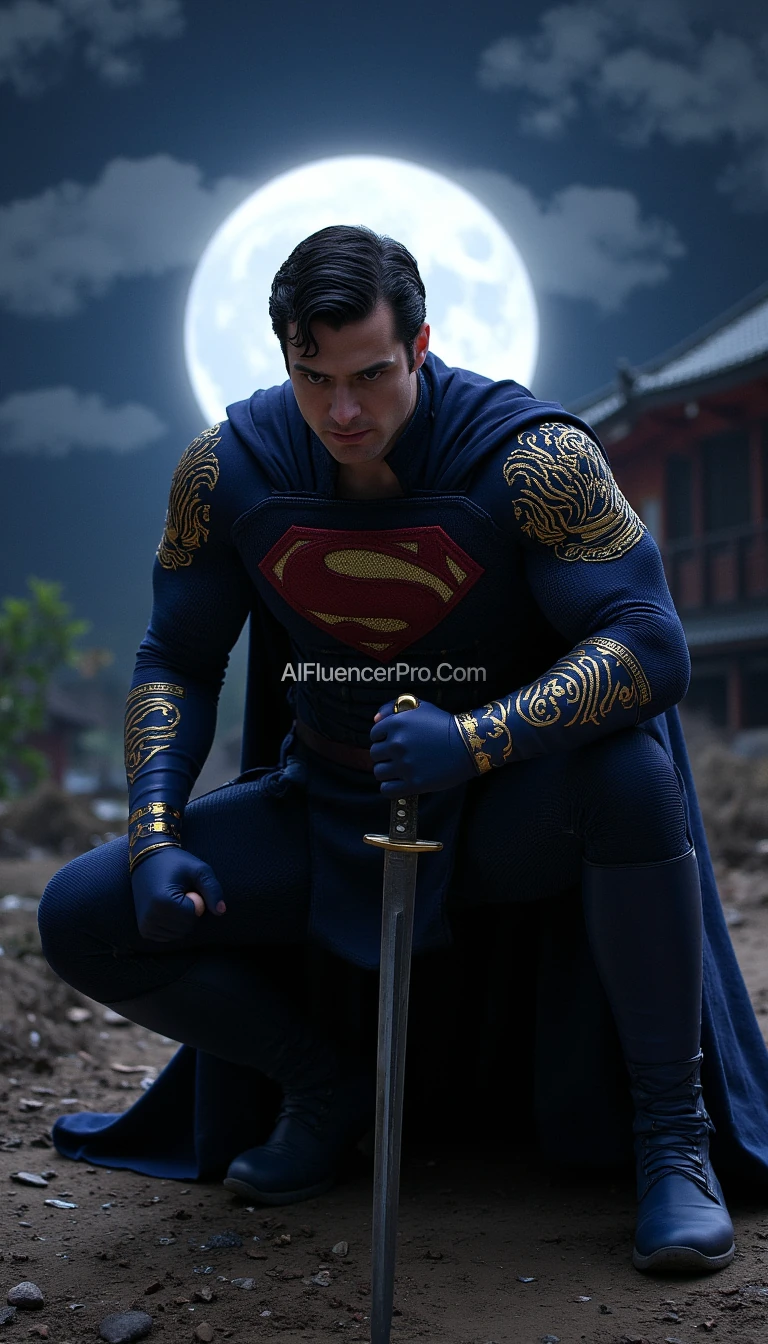 Superman in a ninja appearance, wearing a dark blue costume with intricate golden embroidery inspired by Japanese designs on the arms and chest, featuring his iconic 'S' emblem prominently displayed on the chest in gold. His cape seamlessly integrated into the costume, designed for stealth. Superman is crouched low in a dynamic battle-ready stance, one knee bent deeply while the other leg stretches back for balance. One hand tightly grips a katana sword positioned diagonally, ready to strike, while the other forms a defensive clenched fist. His sharp, focused gaze reflects determination. The background features a traditional Japanese village at night with a full moon glowing brightly and thin mist weaving through the scene, adding an air of mystery and intensity.