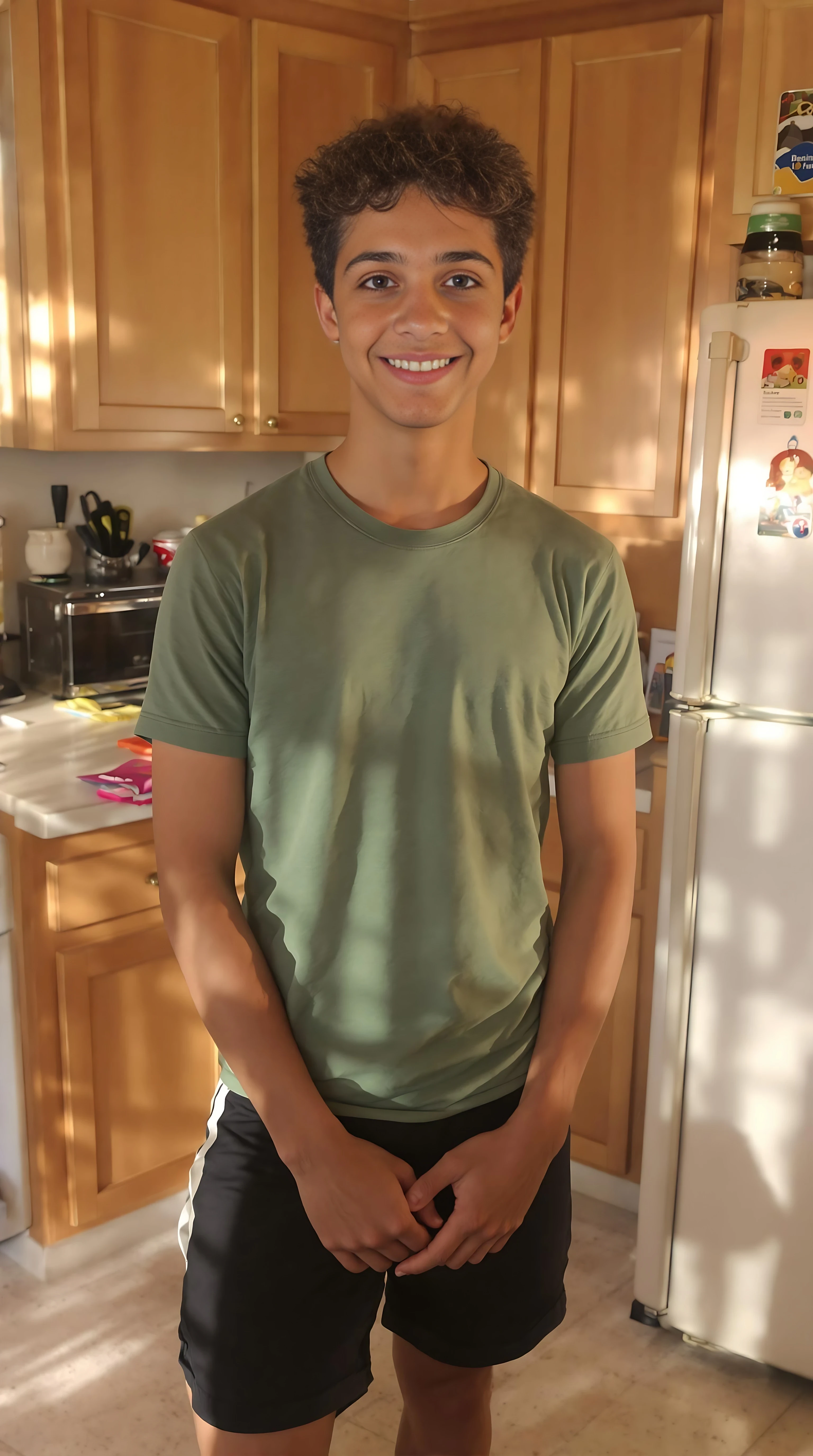 boring low quality snapchat photo circa 2015. A selfie photo of a 21-year-old boy, standing in his family home kitchen, warmly lit in the late afternoon. The image is rich in detail, with warm tones and clear textures throughout. The boy has tanned skin, a medium, athletic build, brown curly hair and brown almond-shaped eyes. He is smiling subtly and warmly at the camera, he's wearing a green t-shirt and black shorts.