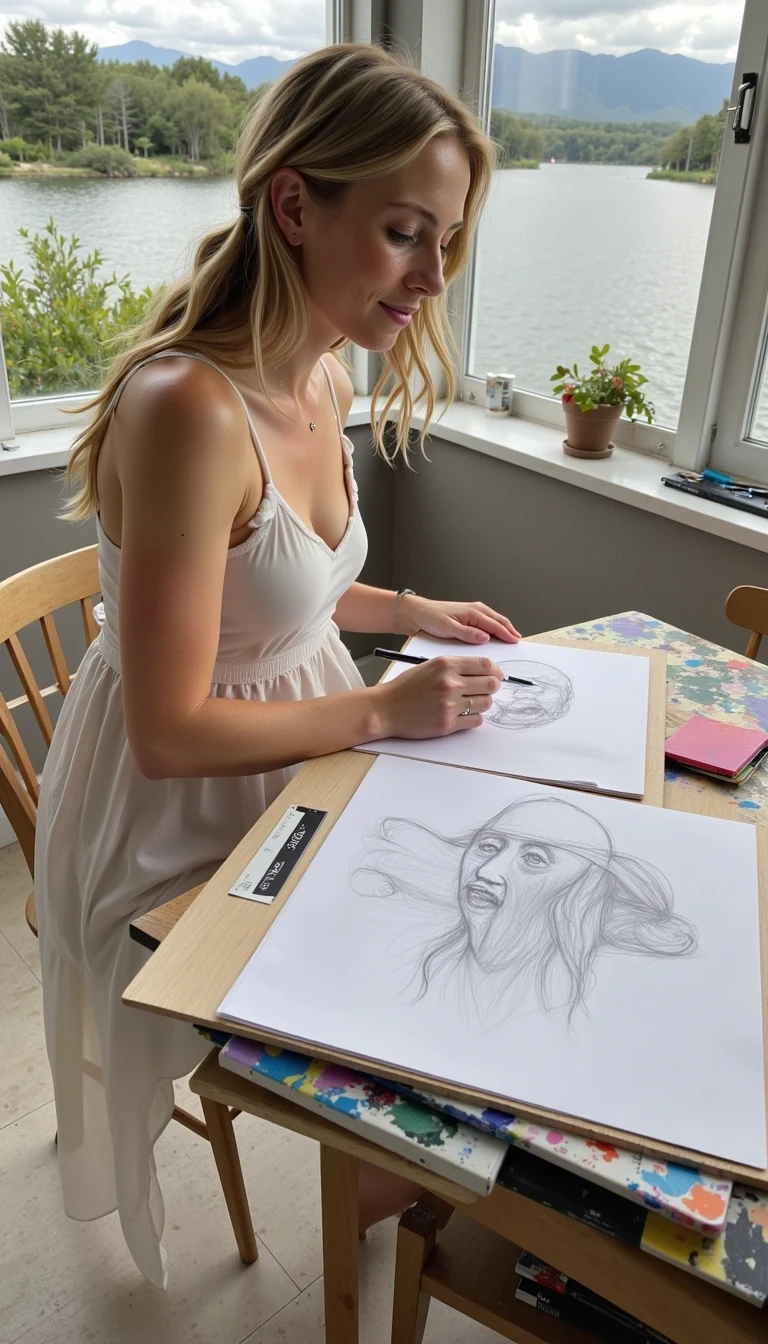 Liona, CSTMDL,sketches in an art studio, sheer ivory sundress, sandy blonde hair braided. Sparkling water nearby, no coffee. Paint-splattered table and hills through the window.