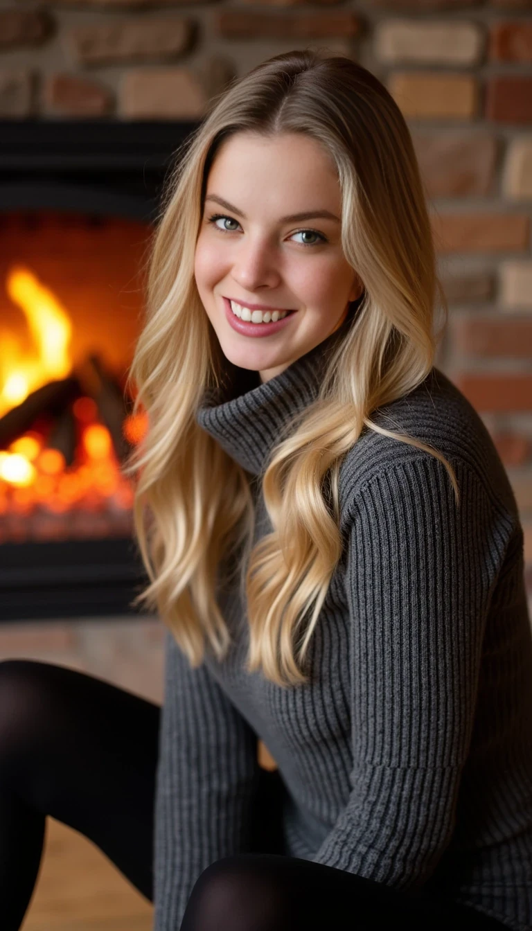 This high-quality photograph features a smiling woman with long, wavy blonde hair, wearing a grey turtleneck sweater and black tights, seated by a cozy fireplace. The image uses natural lighting, with a shallow depth of field that blurs the background. Shot on a DSLR camera, likely with an aperture of f/2.8, shutter speed of 1/125s, and ISO 400. The composition follows the rule of thirds, with warm, inviting tones enhancing the intimate, rustic setting.