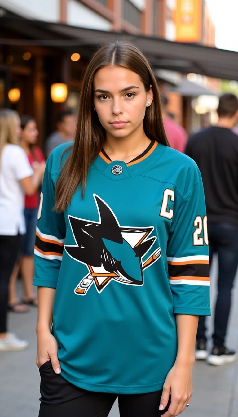 portrait of CSTMDL woman
big tits, thick thighs
Scene/Background
She’s outside at a hockey arena or sports bar, surrounded by fans and a lively atmosphere. The environment carries the excitement of game day, with maybe a few team flags or banners visible.
Position
The girl is standing, slightly angled toward the camera, with a casual stance—one hand in her pocket or holding a drink. She might even have the sleeves rolled up a little for comfort, making the oversized fit look stylish.
Clothing
The teal Sharks jersey is oversized on her, dropping past the hips and giving that relaxed sporty look. She’s paired it with skinny jeans or shorts and maybe white sneakers. The big shark logo pops against her frame, and the numbers “20” sit bold on her shoulders. Hair left loose or in a ponytail adds to the casual fan vibe.
Lighting
Daytime natural light outside the arena, warm sunlight catching the teal fabric, making the orange and black accents stand out. If indoors, soft bar lighting gives the jersey a cozy, energetic glow.
Vibe
Playful, sporty, and confident. She looks like a proud fan, mixing fashion with team spirit. The oversized jersey on her has both a cute and strong effect—showing support while rocking a casual streetwear look.