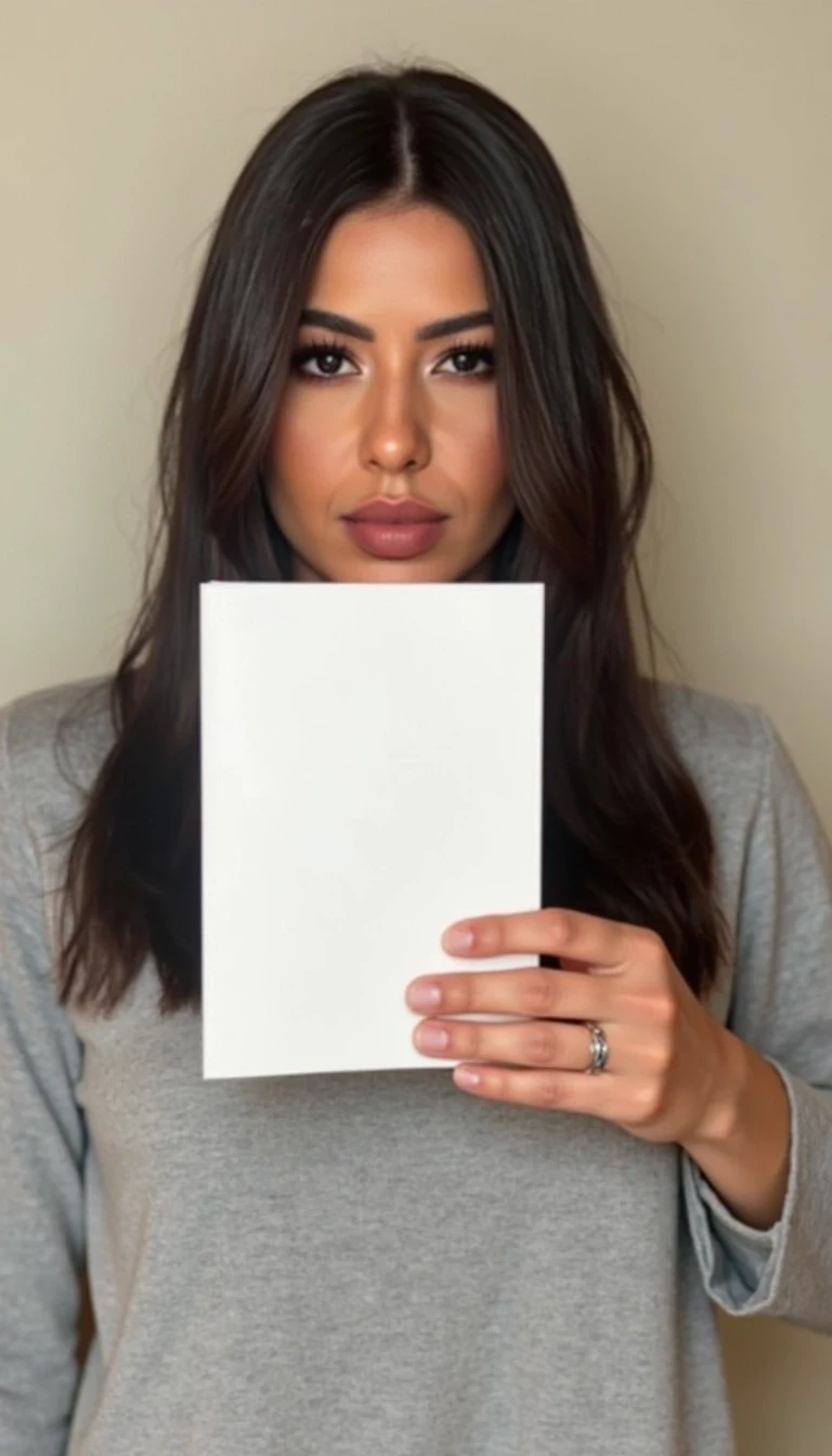 photo of woman CSTMDL, holding a piece of white paper, wall background, natural lighting, boring low quality snapchat photo circa 2015, selfie, cute woman, long sleeve clothes, full upper body photo