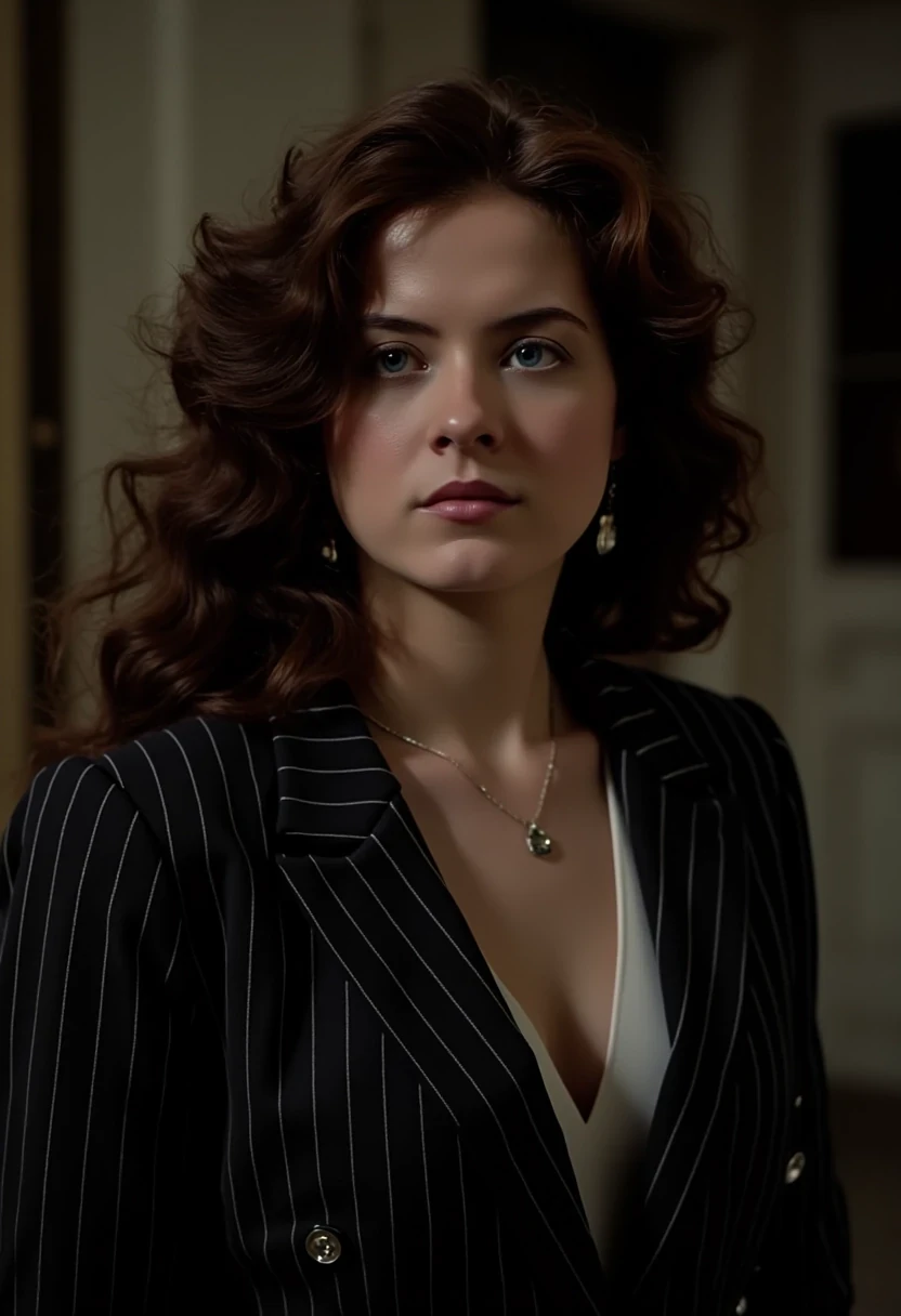 Woman CSTMDL, brunette, blue eyes, her hair are loose, she’s beautiful with a cold smile, wearing a tailored black pinstripe blazer featuring small buttons. 
She wears a white shirt, under her blazer. The outfit is modern, professional but very sexy. Her expression is haughty and contemptuous. She looks like someone cold and unfriendly. Her skin tone is very white, (pallid), almost cadaveric. She’s wearing a small pendant.
The background is a small deserted Parisian alley by night. The light is very low, making the scene a bit worrying and frightening.