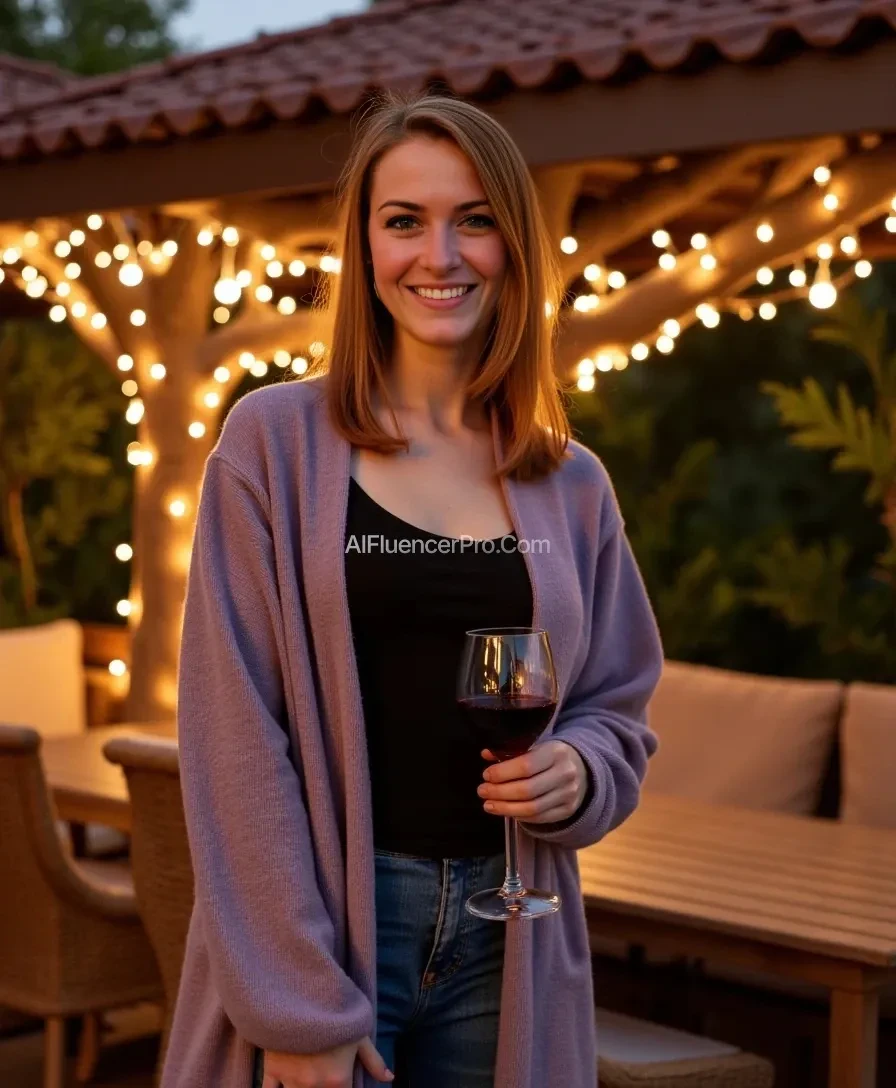 A full body shot photo of a woman standing outdoors at a cozy, warmly lit patio in the evening, with soft, glowing lights wrapped around a tree behind them creating a charming atmosphere. The image is rich in detail, with warm tones and clear textures throughout. The woman has fair skin, a slim build, and long reddish-blonde hair, also worn loose. She is smiling warmly at the camera, holding a glass of red wine in her right hand, and wears a soft-textured lavender cardigan over a black top. The background features a large tree with sparkling string lights wrapped around its trunk and branches, adding a magical touch to the scene. The setting suggests a private outdoor seating area, with elements like terracotta-tiled roofing, greenery, and rattan chairs contributing to a serene, inviting vibe. The overall composition is balanced, with the woman framed against the softly glowing tree, and the lighting enhances the warm, intimate feel of a quiet evening shared among friends. The details are vivid, with textures of clothing, skin, and background elements clearly visible, while the warm lighting creates a relaxed and joyful mood