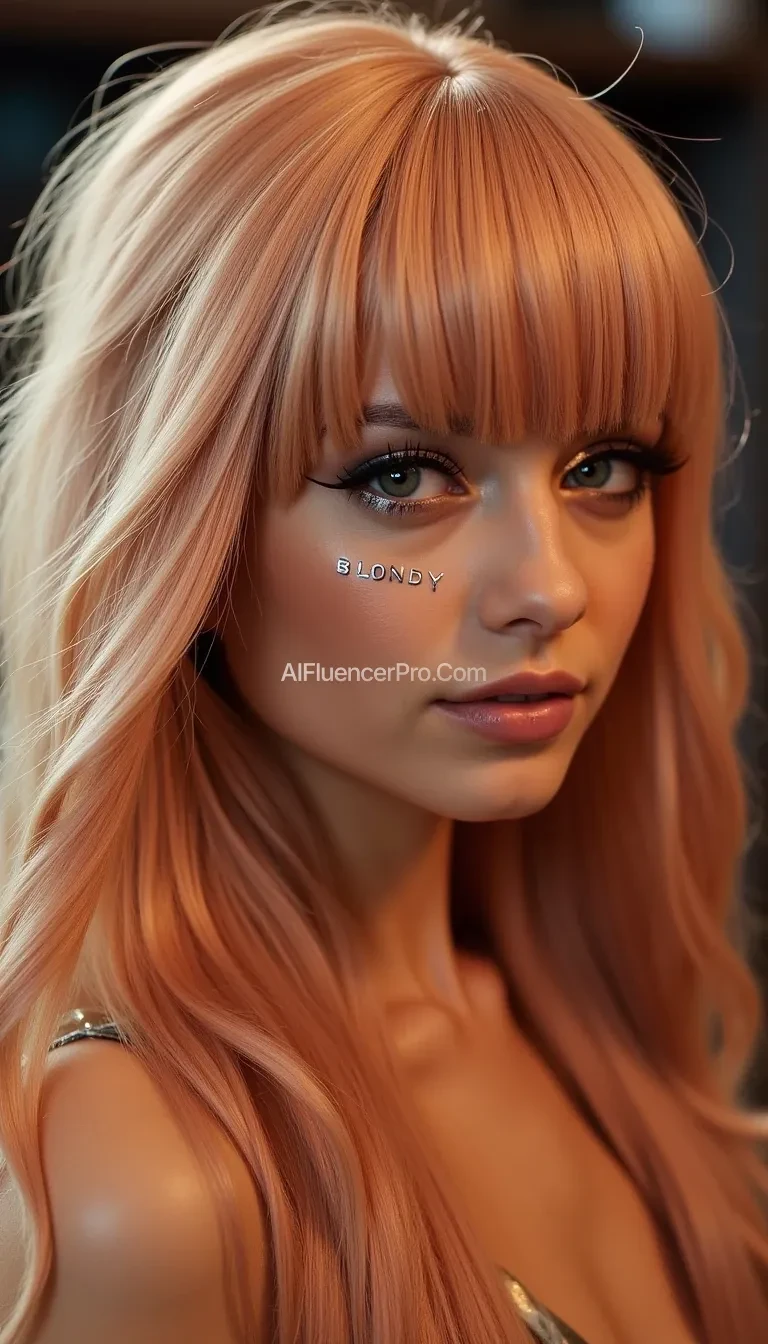 Realistic photograph. A girl in a realistic style with long, peach-colored hair, hinting at a secret. The focus is on the intricate hairstyle, where the letters "BLONDY" are prominently woven into the voluminous, flowing locks. Her seductive gaze. Bright, sparkling eyes captivate. Metallic lashes cast intricate shadows on her cheeks, and her eyes glow with intense neon light. Canon EOS R6, 50mm f/1.8 lens. Realistic, seductive style with a warm, intimate atmosphere. Aesthetics. Sci-fi. Backdrop of a futuristic beauty salon, the "BLONDY" hairstyle being the central focus and statement piece.