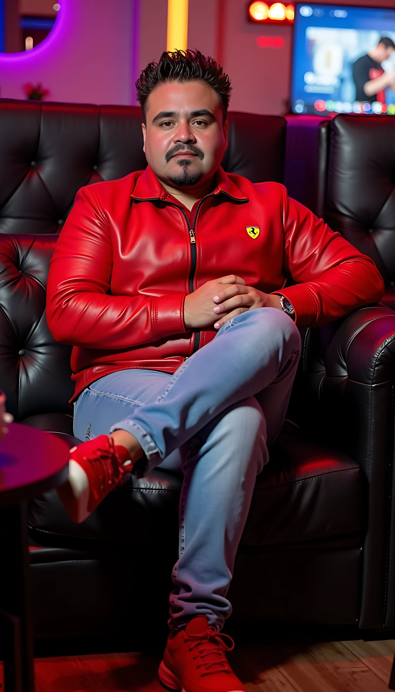 CSTMDL average man body  seating in a couch leg crossed wearing a light blue jeans with a red leather Ferrari logo jacket and red shoes  with a nightclub background 