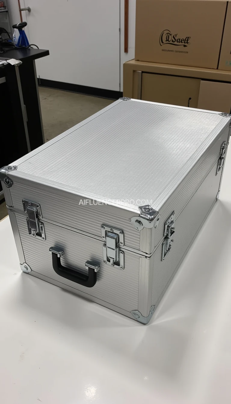 A picture of a metallic, rectangular box  with a ribbed pattern. It has two shiny metal latches on the front and a black handle. The corners are reinforced with metal protectors. The box has a sleek, industrial design, primarily silver in color on a custom clearance facility table
